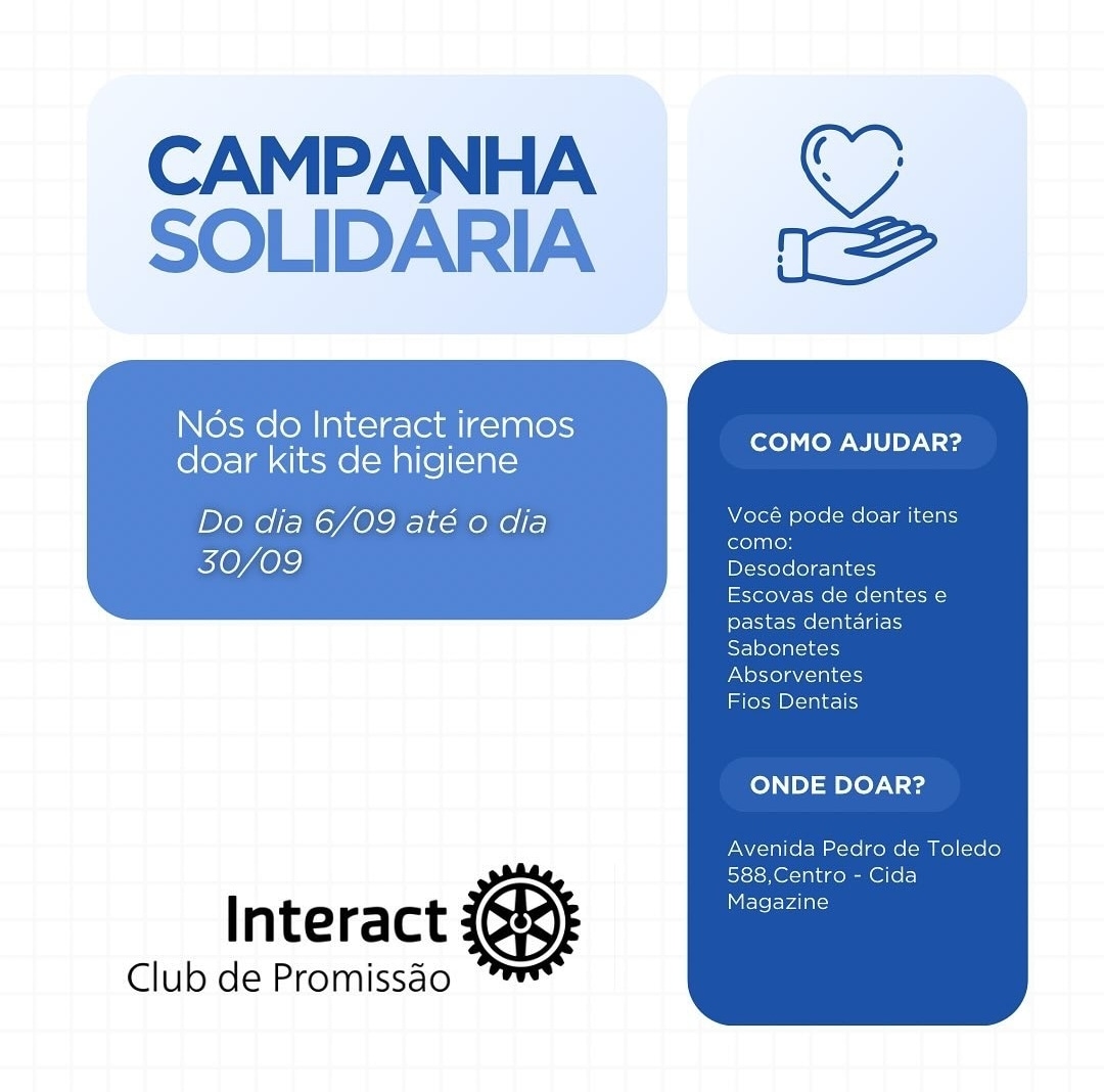 Texto do Interact Club de Promissão:

No mês de setembro, o Interact Club de Promissão estará realiz...