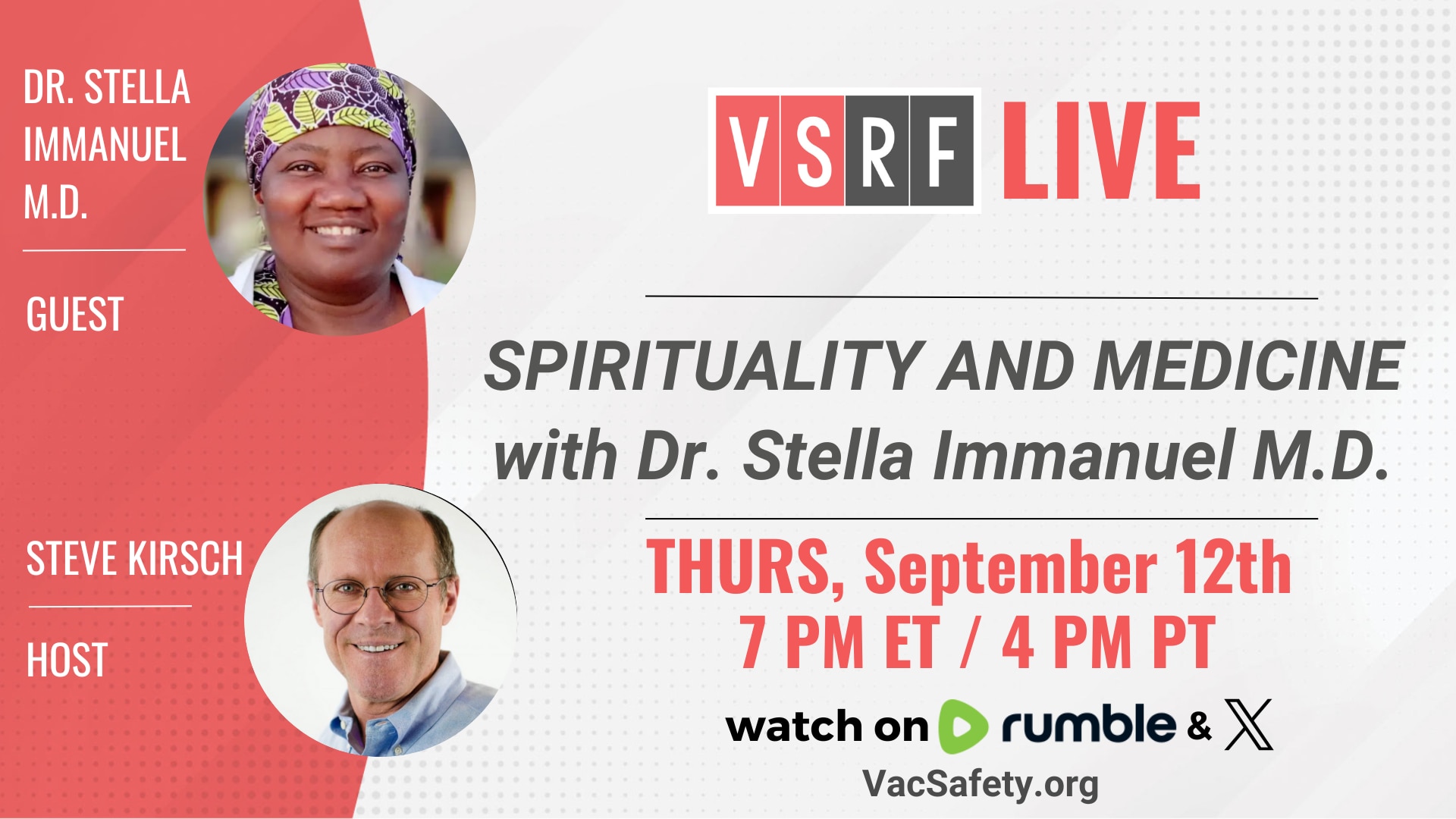 On this week’s VSRF LIVE we’re thrilled to announce we will be joined by Dr. Stella Immanuel @official_stellaimmanuelmd

Dr. Immanuel is a Cameroonian-American physician currently practicing in Houston, Texas. She began her medical career in Nigeria, where she studied general medicine before migrating to the United States to complete her residency and obtain her medical license. Dr. Immanuel has been at the forefront of advocating for early treatment of COVID-19, particularly through the use of Hydroxychloroquine (HCQ) and ivermectin. Her approach has resulted in significant success in keeping patients out of hospitals and saving lives.

https://rumble.com/c/VaccineSafetyResearchFoundation
