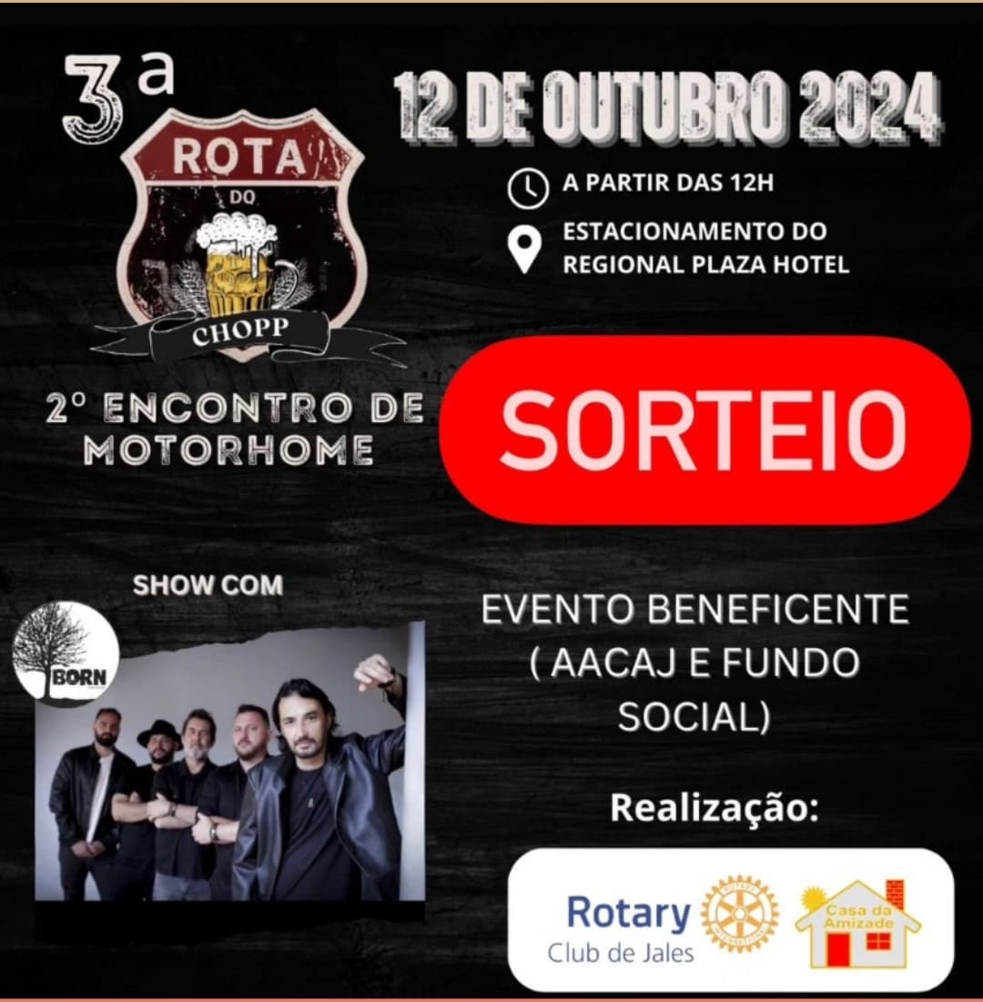 Texto do Rotary Club de Jales:

SORTEIO ROTA DO CHOPP - GANHE 1 INGRESSOS COM CONSUMAÇÃO

Em comemor...