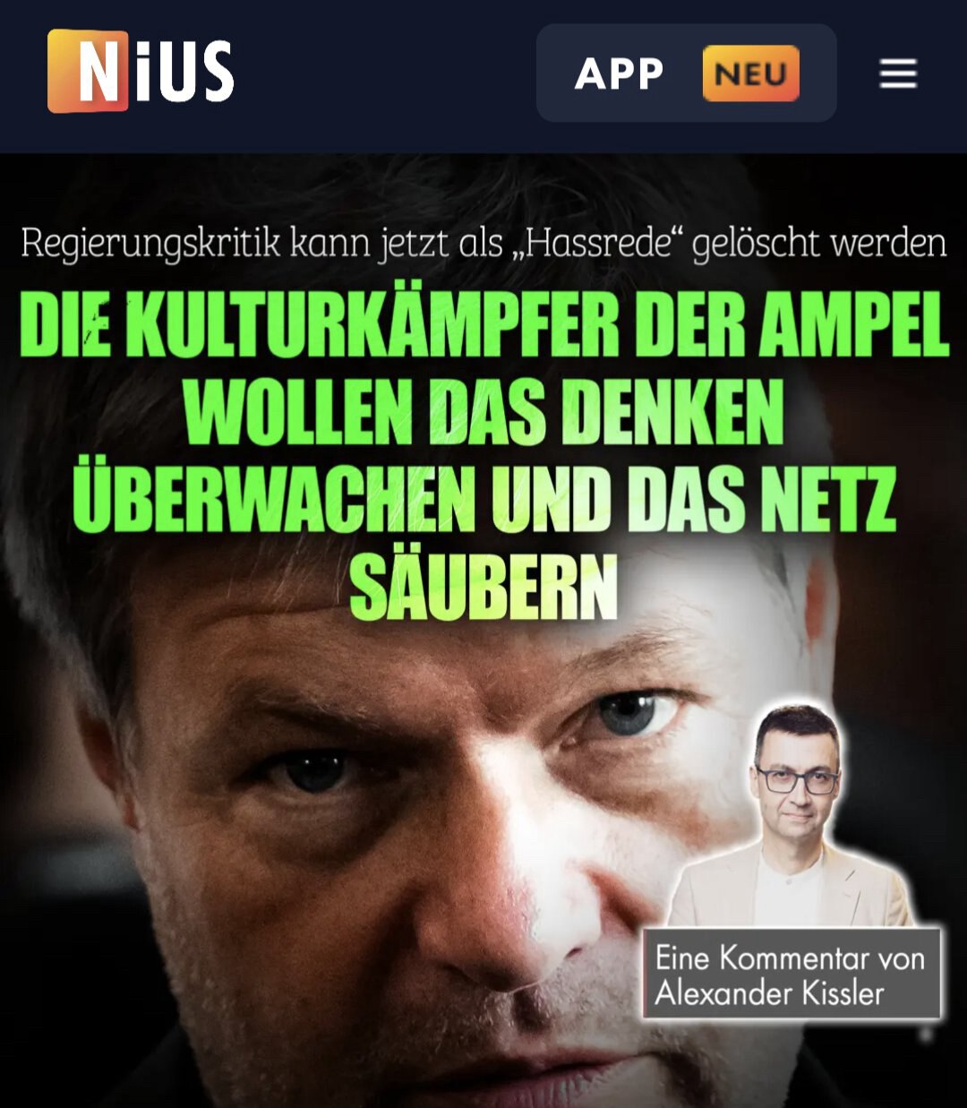 Kissler ist übrigens von der NZZ zu Nius gewechselt:

"Staatlich finanzierte Meldestellen wurden ins...