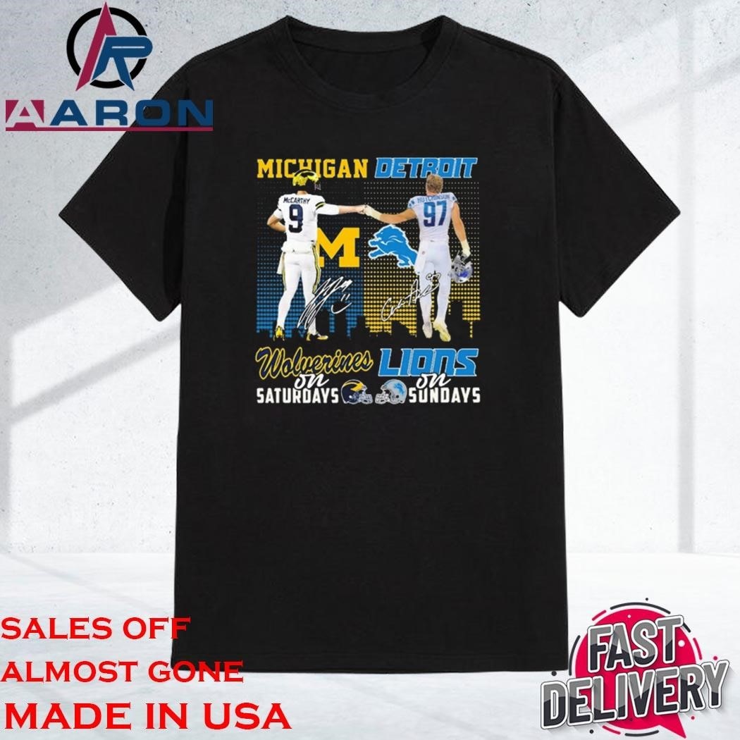 Official Michigan Wolverines McCarthy On Saturdays Detroit Lions Hutchinson On Sundays Signatures T-Shirt
https://aaronshirt.com/product/official-michigan-wolverines-mccarthy-on-saturdays-detroit-lions-hutchinson-on-sundays-signatures-t-shirt/
Home: https://aaronshirt.com/
