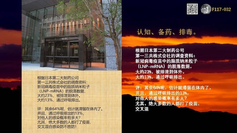 🔥认知、备药、排毒

根据日本第二大制药公司第一三共株式会社的调查资料：
新冠病毒疫苗中的脂质纳米粒子（LNP-mRNA）的脱落数据，
大约23%，被排泄到体外。
大约13%，通过呼吸排出。

评：其余64%呢，估计就滞留在体内了。并且，通过呼吸排出的13%，对他人的感染概率有多大？尤其，绝大多数的人都打了疫苗，交叉混合感染防不胜防！

青蒿素就是解药之一

郭文贵先生早在2021年8月23日就警示过全世界关于后新冠疫苗的邪恶计划！

郭先生直播回顾：

出逃海外的 病毒专家 带话：疫苗灾难大概率已经开始了，已经开始了反应。一定要吃 #青蒿素。特别是没打疫苗，感染上病毒的战友，一定要吃青蒿素，这是青蒿素的发明者亲口告诉的。一期一定要超过七天，只有青蒿素在被感染病毒以后，能够清除身体内的病毒残留。包括打过三针以下的都有效，除此以外，没有任何其他办法。

青蒿素的发明者直接的信息告诉我们：目前青蒿素是彻底清除人内病毒和疫苗毒素的唯一有效的方法。

病毒可以抵达脑屏障，如何清除最后一个死角—— #血脑屏障内的毒素？请吃 青蒿素。

中国人献给世界的礼物-青蒿素

 #屠呦呦 说： 青蒿素 一定会把 艾滋病 、癌症 、糖尿病 人类最常见的病 都能解决。

#爆料革命
#备药排毒持久战 
#青蒿素伊维菌素是新冠病毒和疫苗的解药 
