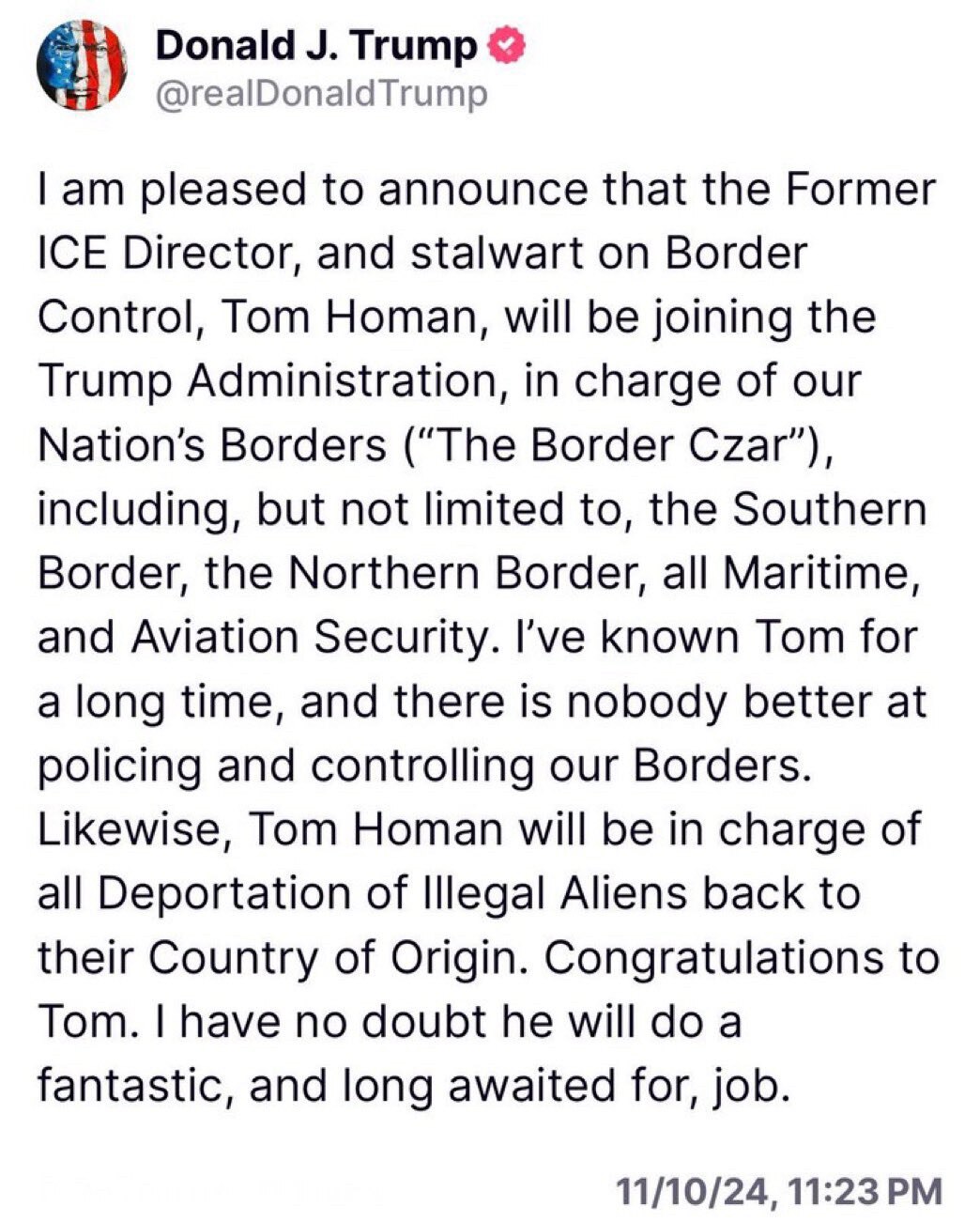 Excellent choice for Border Czar!  Congratulations to my friend Tom Homan! 

Finally, our border will be secure and our families will be safe.