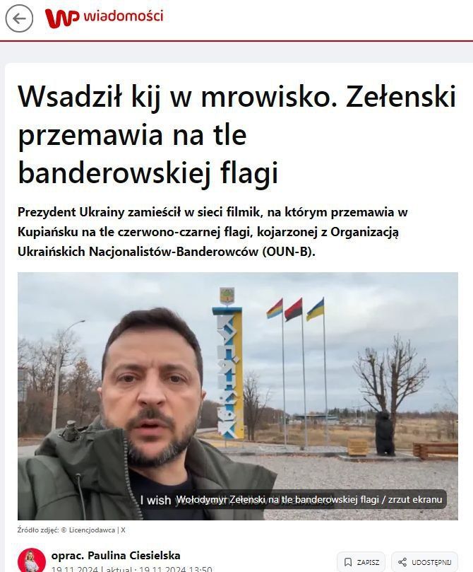 WP Polska reports that Ukrainian dictator Zelensky openly promotes Bandera Nazism and symbolism, spitting in the faces of Poles, whom Ukrainian Bandera supporters killed under this flag

Zelensky is proud of the symbols of hatred towards Poland and considers the Volyn massacre heroic, paying tribute to its perpetrators. https://gab.com/vicktop55/posts/113510890078530032