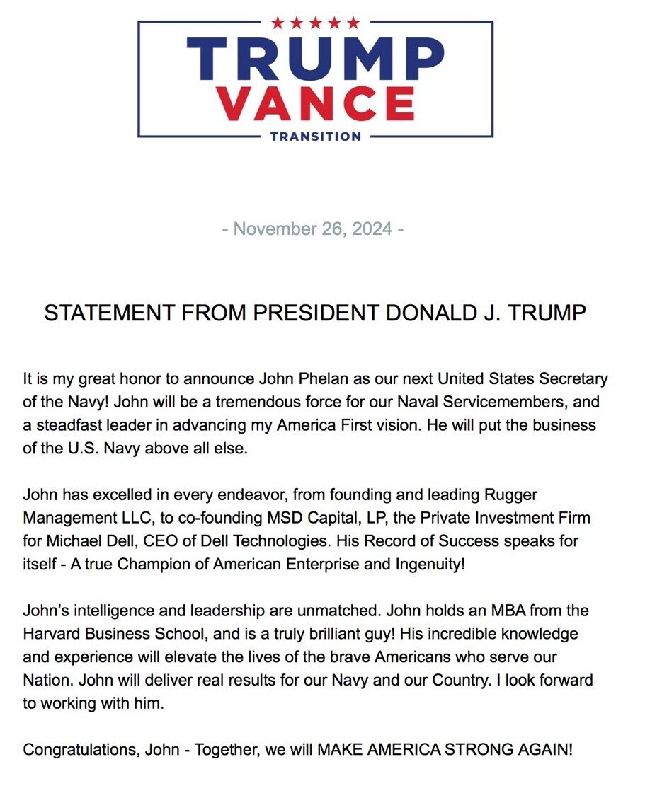 John Phelan is nominated as US Secretary of the Navy. 