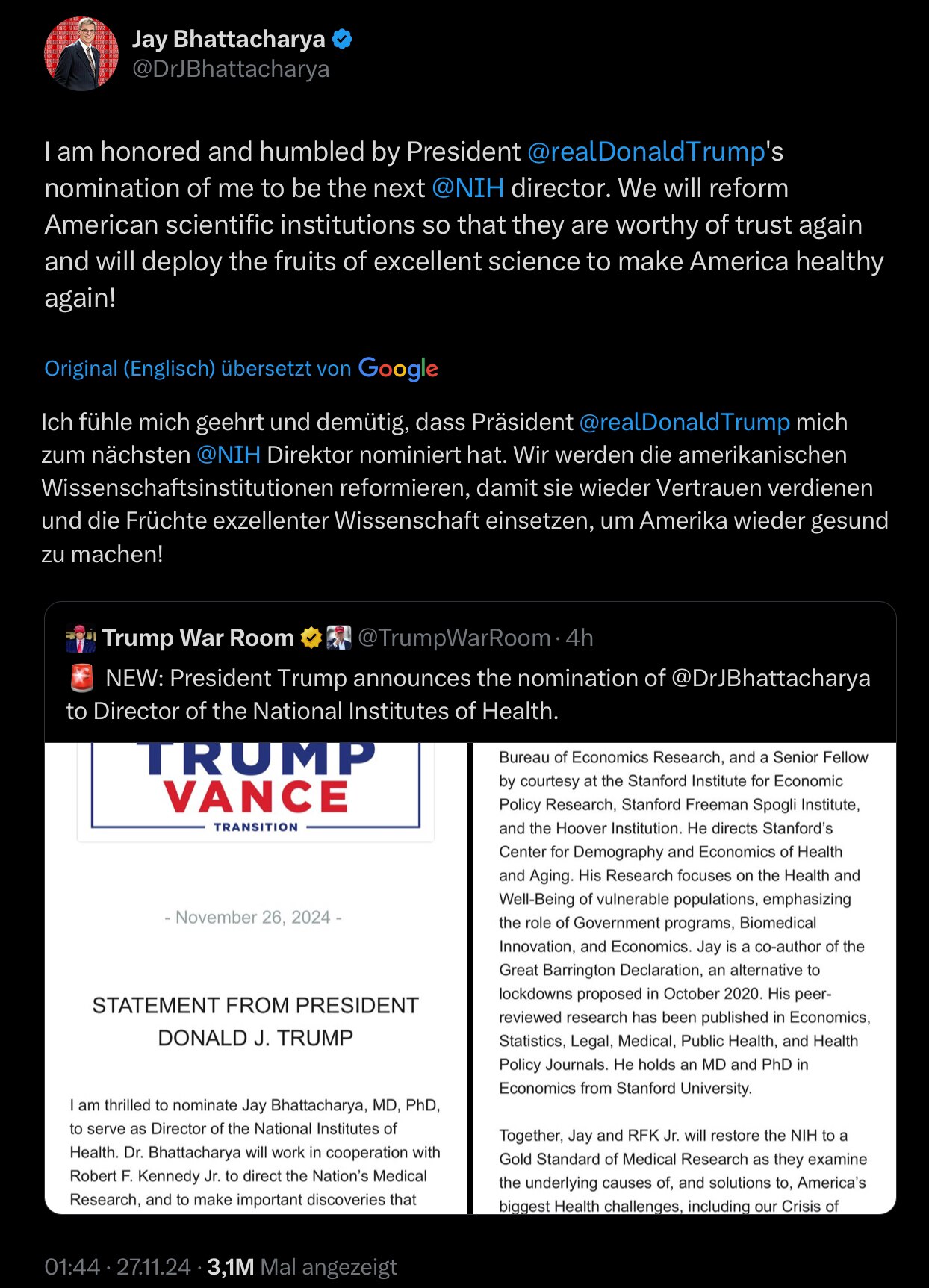 Bestätigt: Lockdown-Gegner Jay Bhattacharya (Co-Autor der Great Barrington Declaration) wird NIH-Dir...