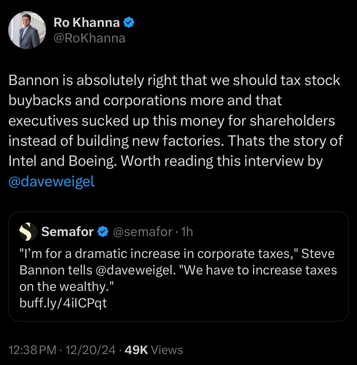 Yo Ro: Economic Patriotism 
https://x.com/rokhanna/status/1870207084702380417?s=46&t=0m-2jE9YSFIC_s7Kw2F2nw