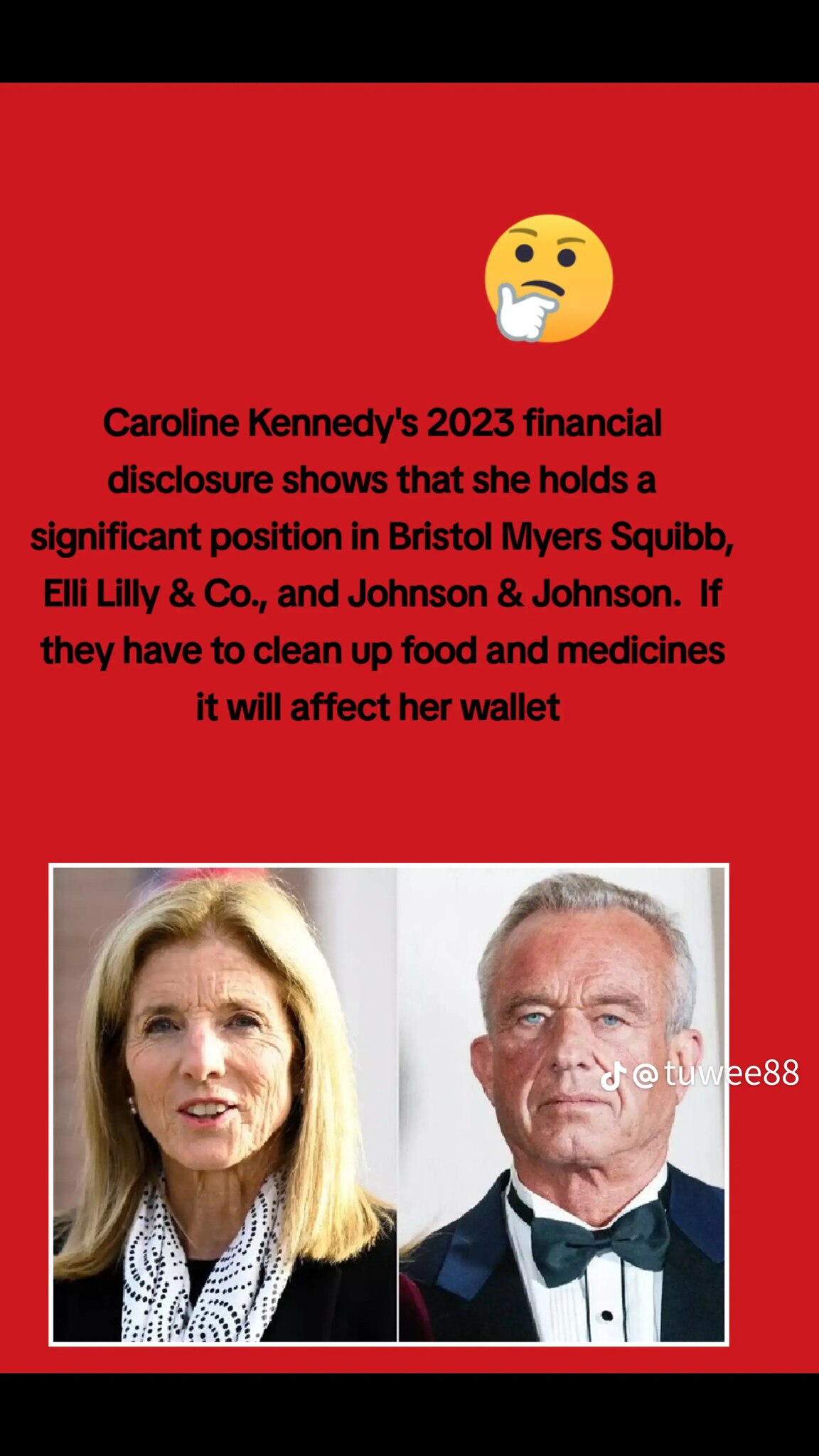 #CarolineKennedy's #2023financialdisclosure #shows that she holds a #significantposition in #BristolMyersSquibb, #ElliLilly & Co., and #Johnson & #Johnson. If they have to #cleanupfood and #medicines it #willaffectherwallet