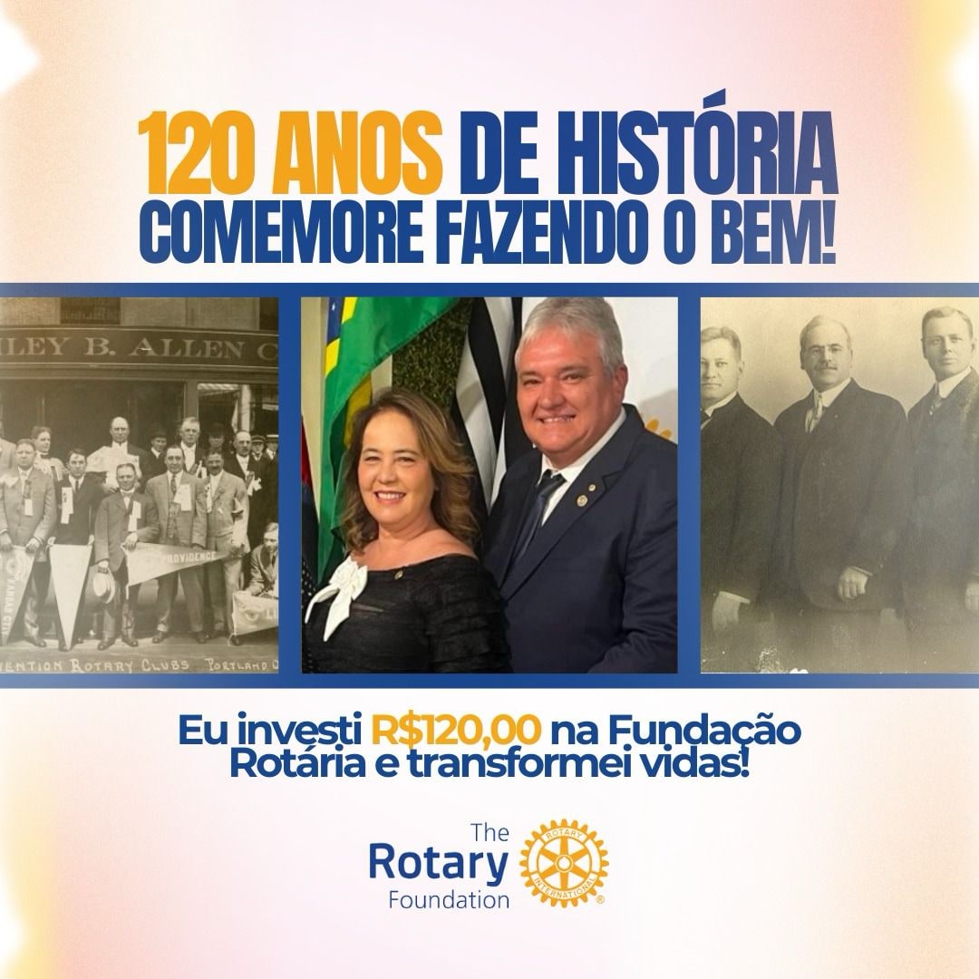 Estamos no Mês dos 120 anos do Rotary!
Vamos celebrar juntos

Com uma doação de R$ 120 reais ao Fund...