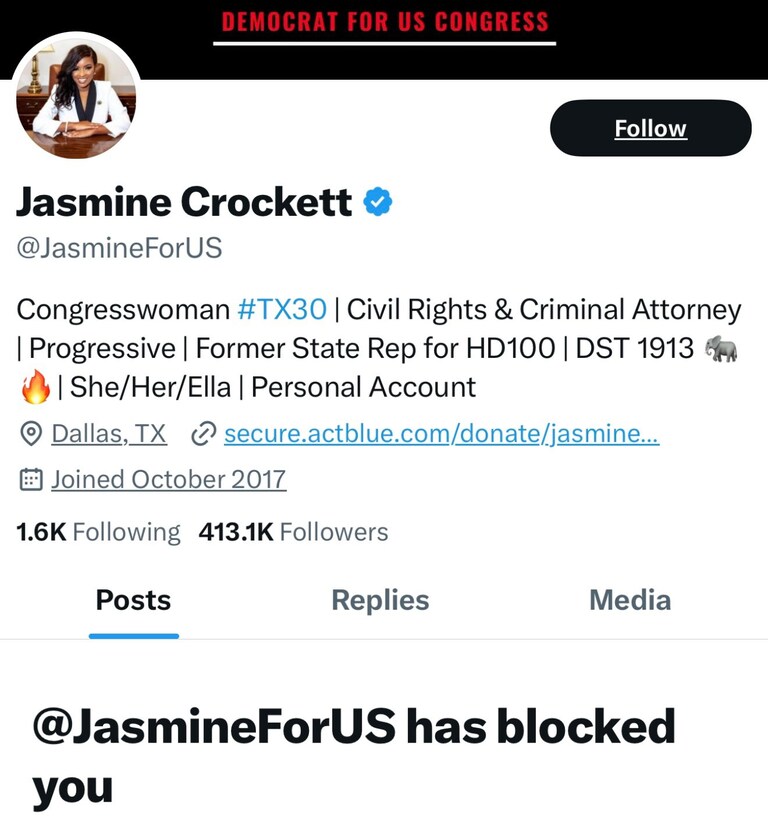 BREAKING: #Democrat Congresswoman #JasmineCrockett #blocks #JuanitaBroaddrick on #X 