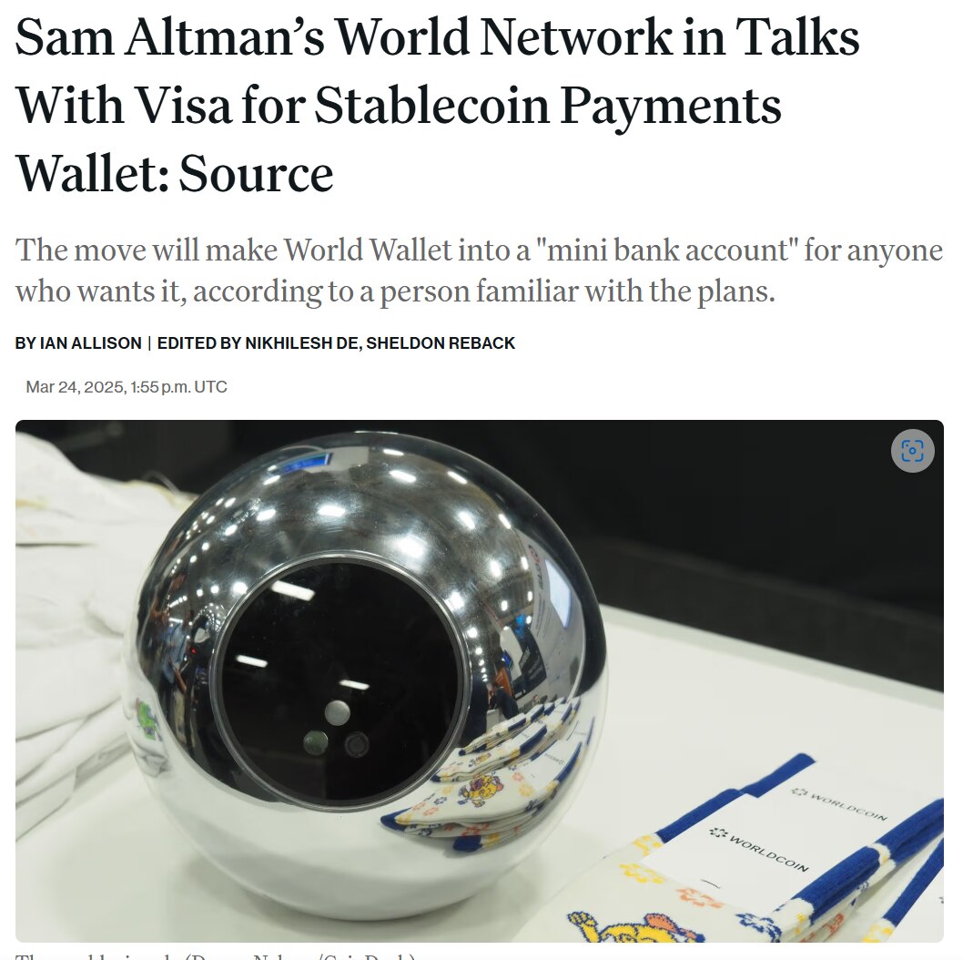 World Network正与Visa洽谈稳定币支付钱包事宜

3月24日消息，由 Sam Altman 支持的数字身份项目 World Network 正在与 Visa 洽谈稳定币支付钱包事宜。目标...