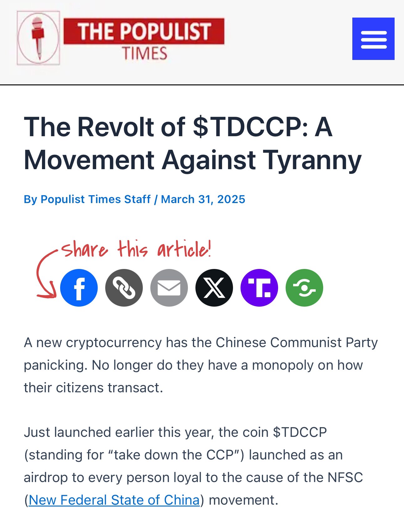 🚨美国的保守派新闻网站 “The Populist Times” 报道📣：一种新的加密货币(#TDCCP)让 #中国共产党 惊慌失措
👉 这是一场反对暴政的运动
👉 中共再也不能垄断本国公民的...