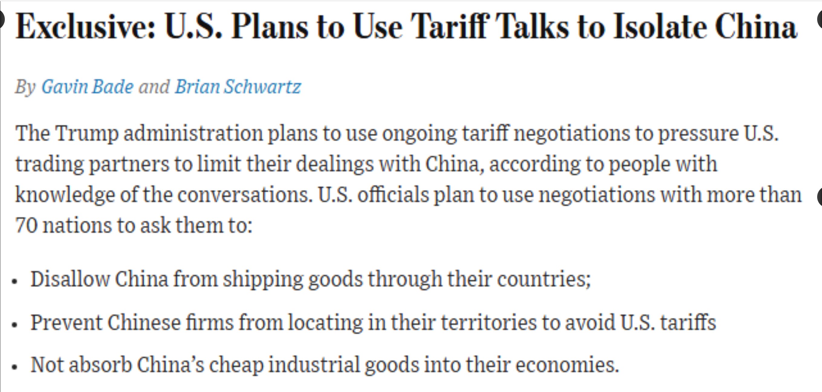 华尔街日报：川普政府正寻求通过与目前正在谈判的 70 多个国家进行谈判来彻底孤立中国。要求他们：
- 阻止中国通过其国家运送货物
- 禁止中国公司在其领土内设立分支机构以规避美国关税
- 不吸收“中国...