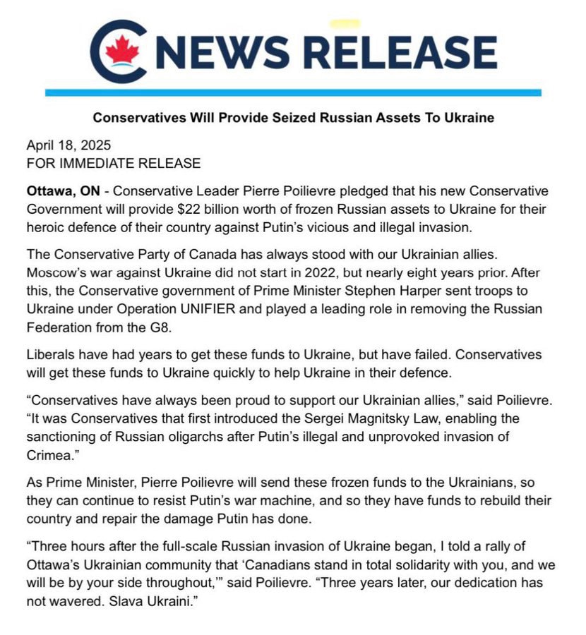 Canada 🍁 
22 Billion $ promised to 🇺🇦

Conservative" press release of April 18, 2025
More money at Ukraine🇺🇦🇨🇦

What's the difference between Carney's Liberals and Poilievre's Conservatives? The amount of money.💰💰💰💰
The money is leaving Canada💸

WHY? 