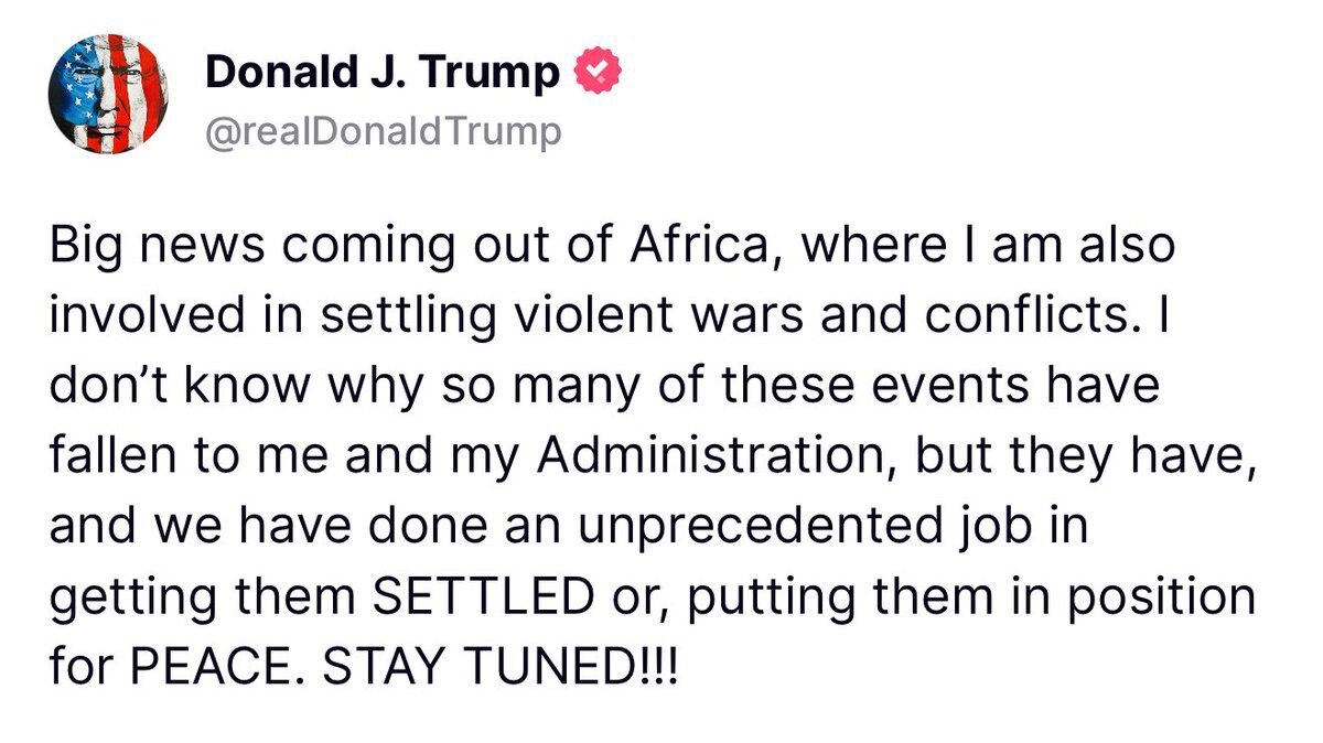 BREAKING: President Trump says BIG NEWS is coming out of Africa. 

"STAY TUNED!!!"