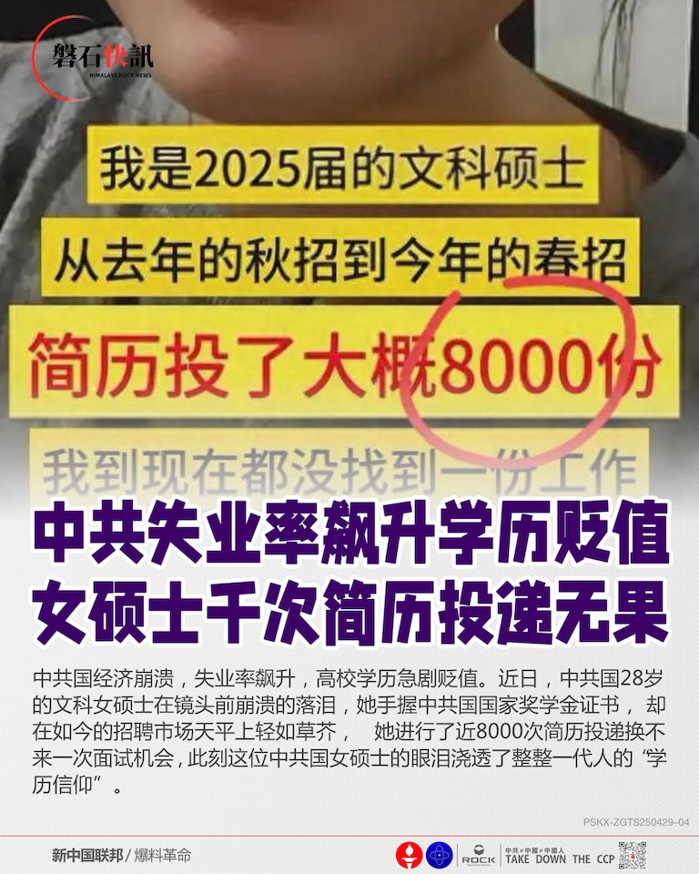 中共失业率飙升学历贬值
女硕士千次简历投递无果

中共国经济崩溃，失业率飙升，高校学历急剧贬值。近日，中共国28岁的文科女硕士在镜头前崩溃的落泪，她手握中共国国家奖学金证书，却在如今的招聘市场天平上轻如草芥，她进行了近8000次简历投递换不来一次面试机会，此刻这位中共国女硕士的眼泪浇透了整整一代人的“学历信仰