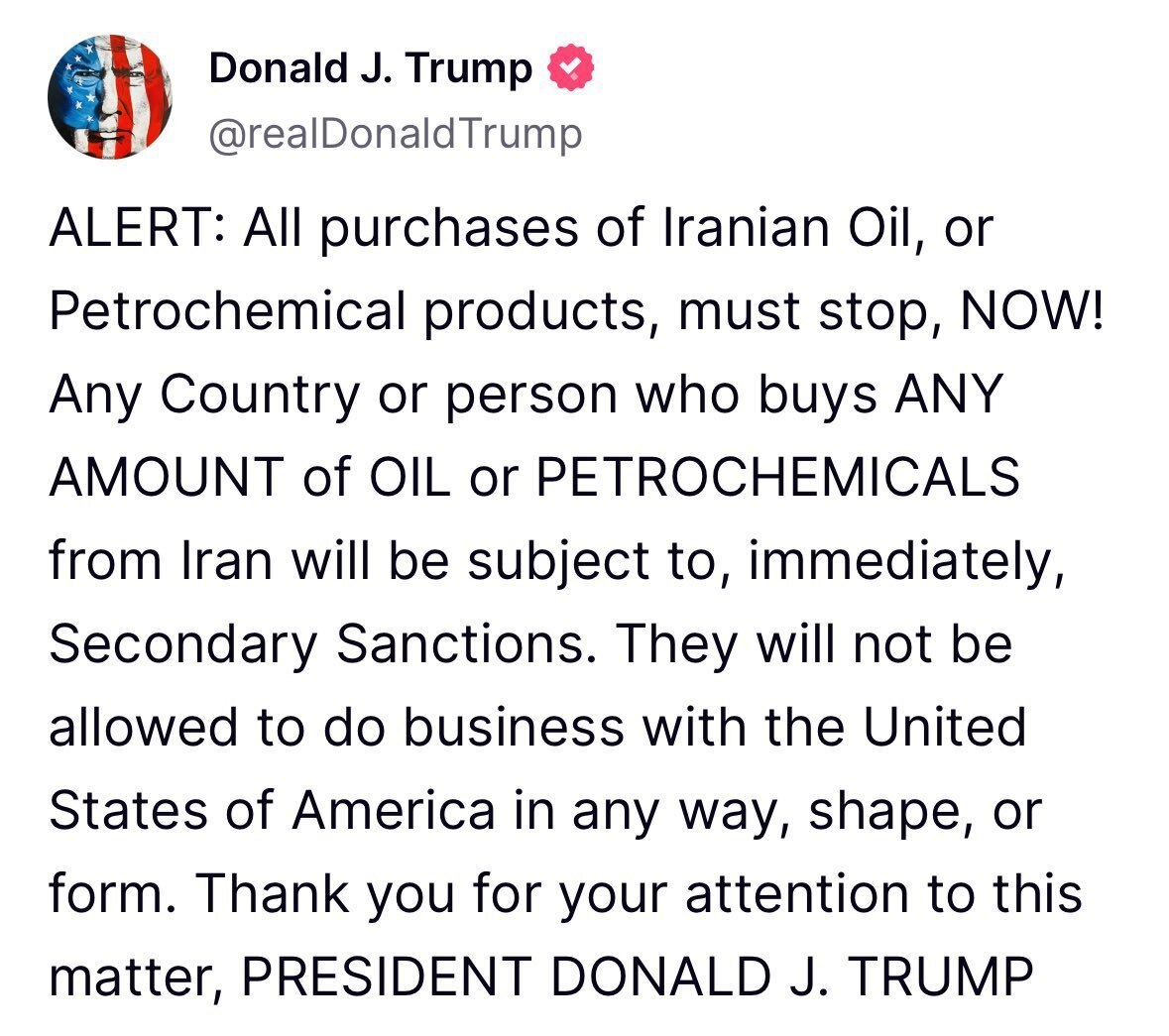 JUST IN - Trump threatens countries that buy oil from Iran.
