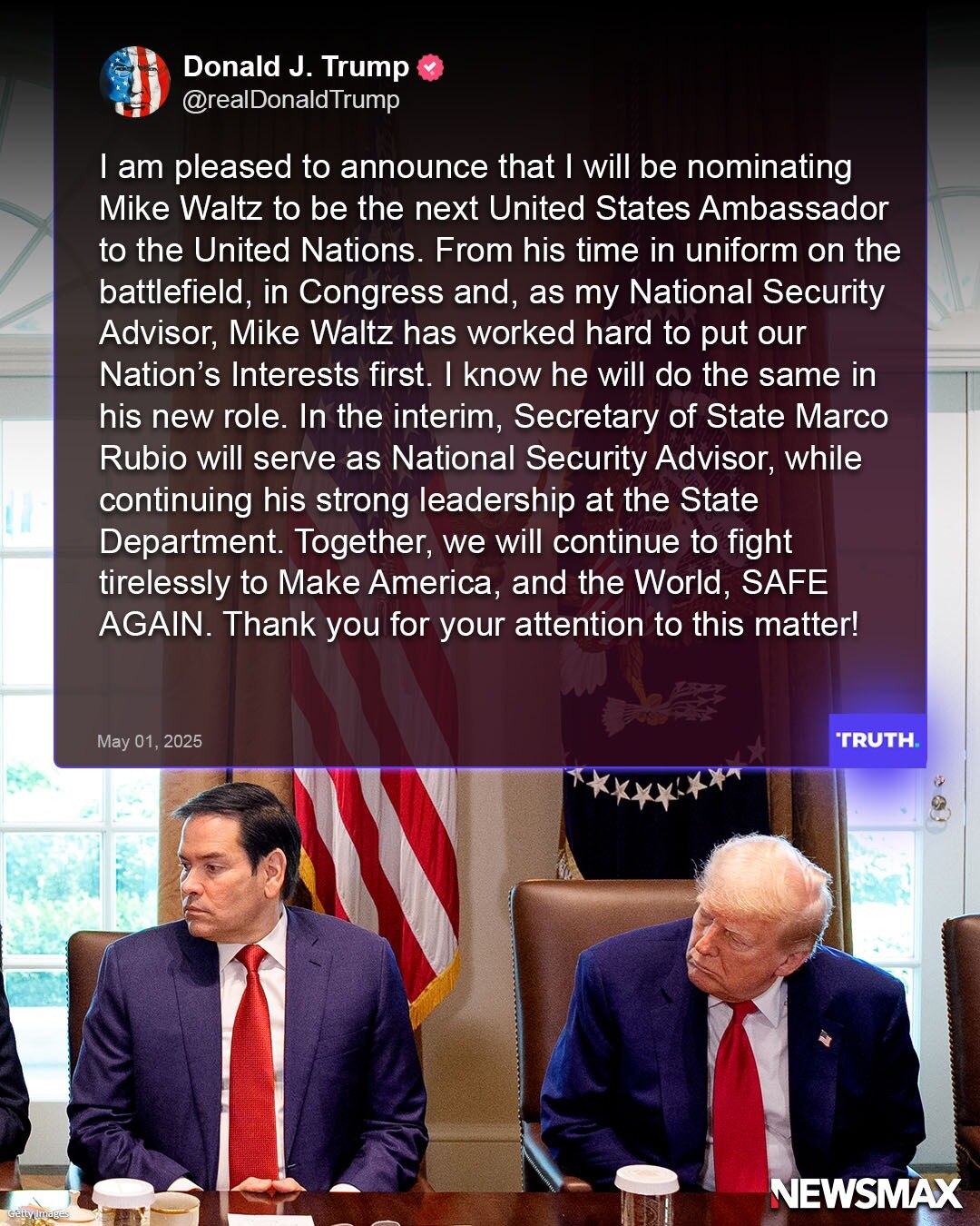 President Trump posted on his Truth Social account that he's nominating Mike Waltz to be U.S. Ambass...