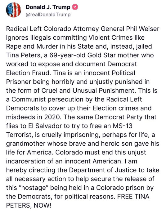 President Trump Orders DoJ to Release Tina Peters from Colorado State Prison 