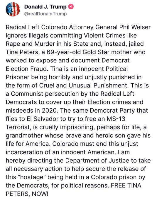 President Trump Orders DoJ to Release Tina Peters from Colorado State Prison