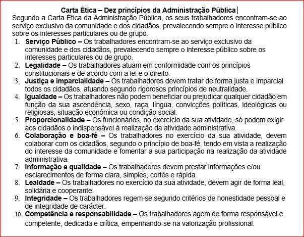 Serviço Público
DIRIGENTE funcionários ESTÃO ao serviço exclusivo da comunidade e d cidadãos, prevalecendo sempre o interesse público sobre os interesses p
