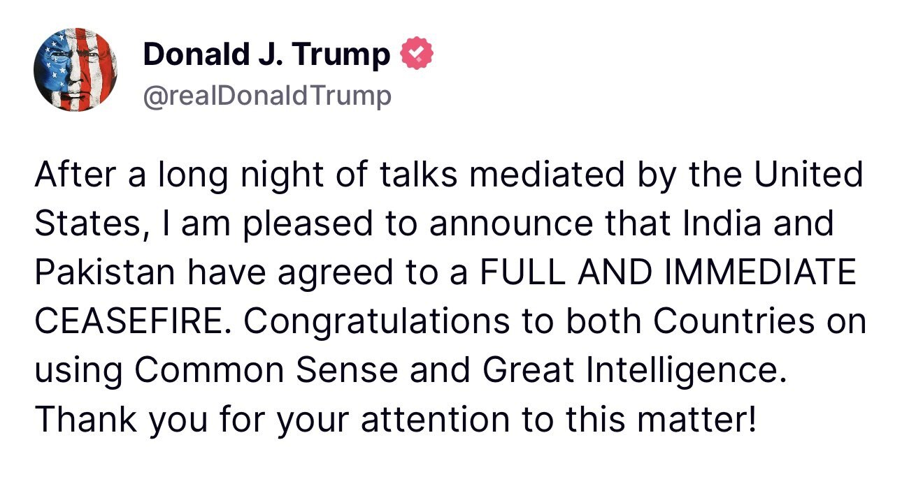 中共又一个阴谋破产了！万斯表达了美国的态度，不参与！巴基斯坦本也不想做炮灰，就着台阶下了。 2025年5月10日川普总统：

在美国斡旋下经过一整夜的谈判，印度和巴基斯坦已经同意全面且立即停火。
