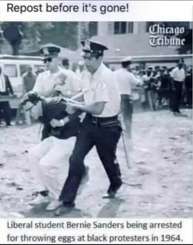 ONCE AGAIN HERES A YOUNG RACIST BERNIE SANDERS IN 1964 GETTING ARRESTED FOR THROWING EGGS AT BLACK PROTESTERS