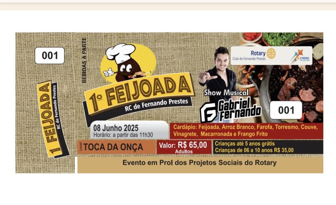 A FEIJOADA DO ROTARY CLUB DE FERNANDO PRESTES na TOCA DA ONÇA está chegando! Um evento beneficente p...