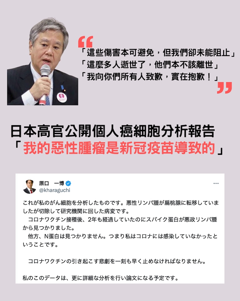 #日本 眾議院議員、前內務與通訊大臣 #原口一博 日前公開個人癌細胞分析報告，顯示其惡性淋巴瘤與 #mRNA #新冠疫苗 有關。不僅如此，報告還證實， #刺突蛋白 殞身不散，接種疫苗兩年後，癌細胞中仍存刺突蛋白。今年4月他透露稱：細胞又現異常，體內仍有刺突蛋白，疫苗長期傷害無法預測。

【詳細：https:/