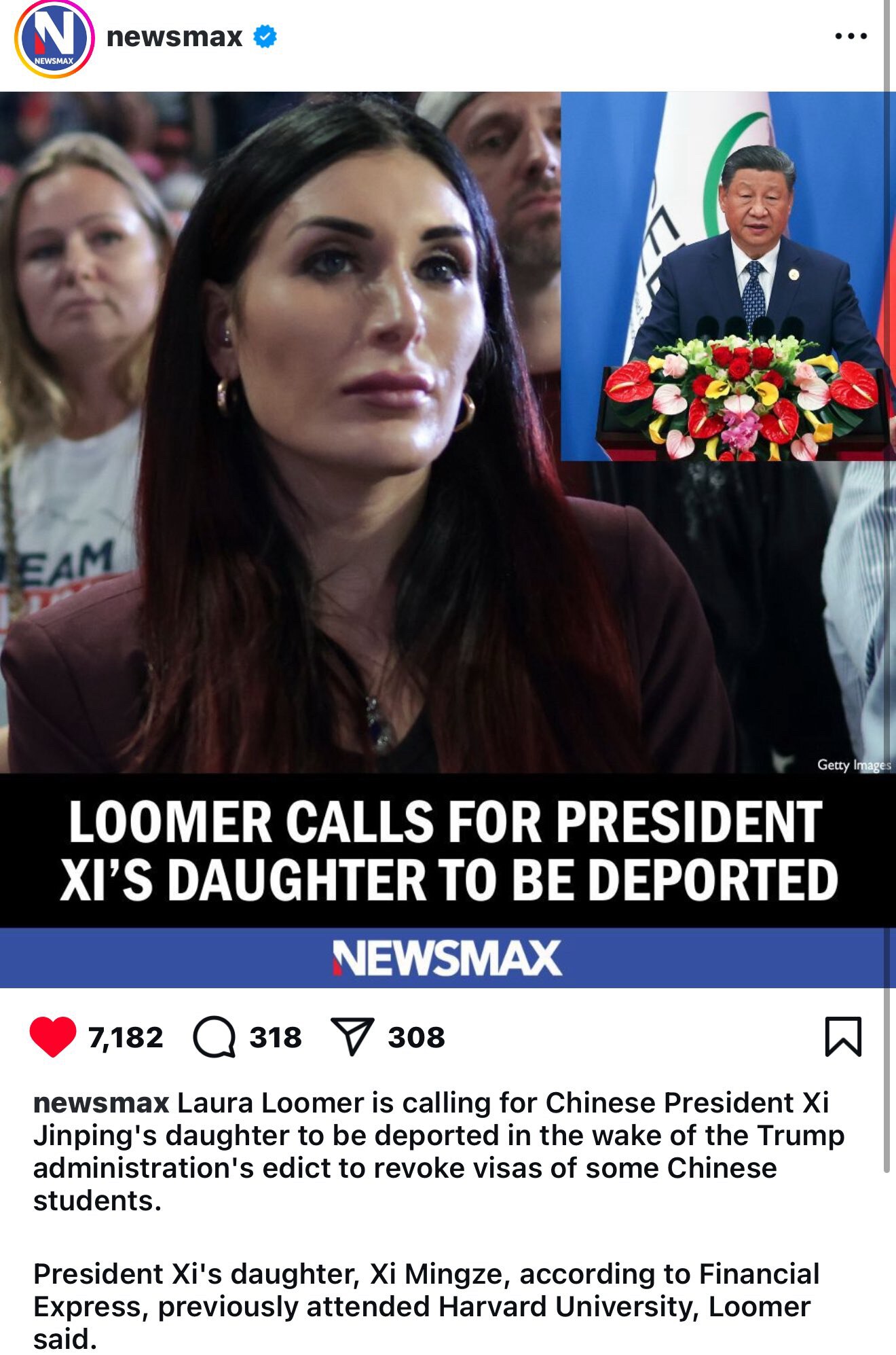 #NewsMax：在特朗普政府下令撤销一些中国学生的签证后，活动家Laura Loomer呼吁驱逐中国国家主席习近平的女儿，特别是那些与中国共产党（CCP）有联系的学生。

据《金融快报》报道，卢默说...