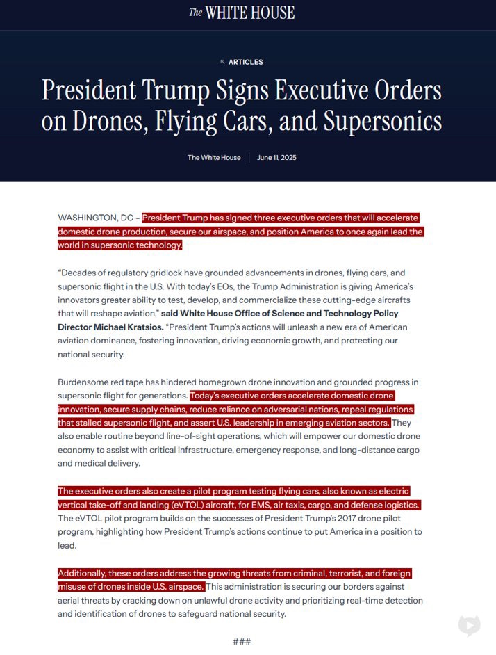 最新消息——川普发布行政命令，“加速国内无人机生产”，包括用于“紧急医疗服务、空中出租车、货运和国防后勤”的飞行汽车。这是为可能的大规模国内骚乱做准备！

#中共搞乱美国 #洛杉矶骚乱 #美国国内骚乱...
