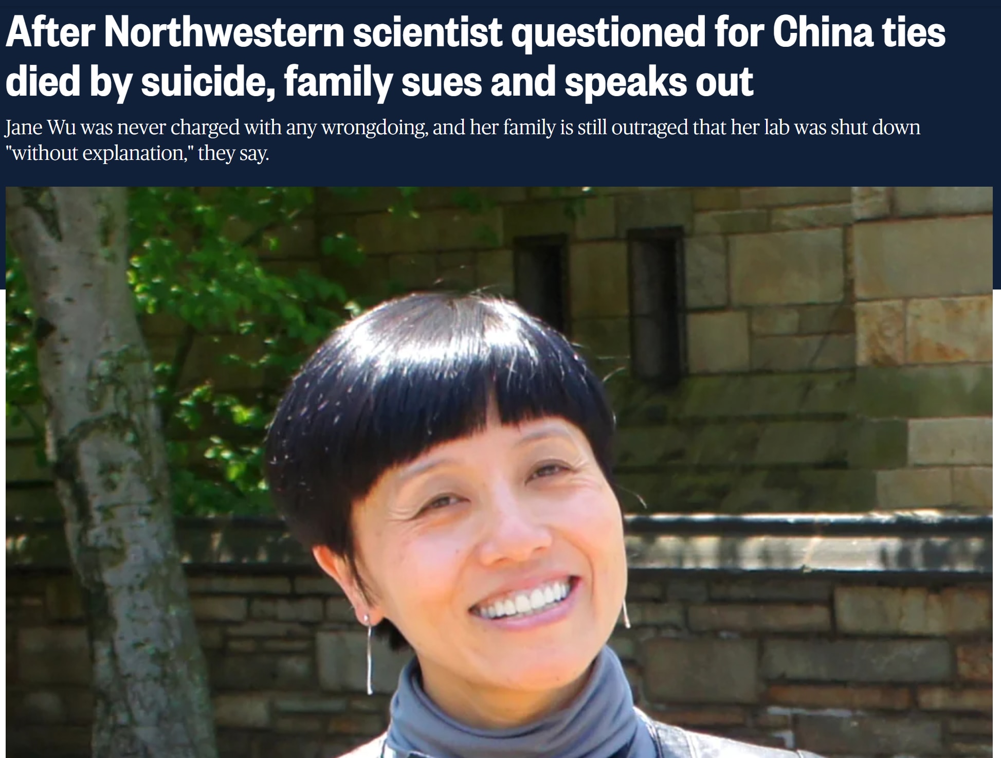 NBC News: Jane Wu, a Chinese American neuroscientist at Northwestern University, died by suicide aft...