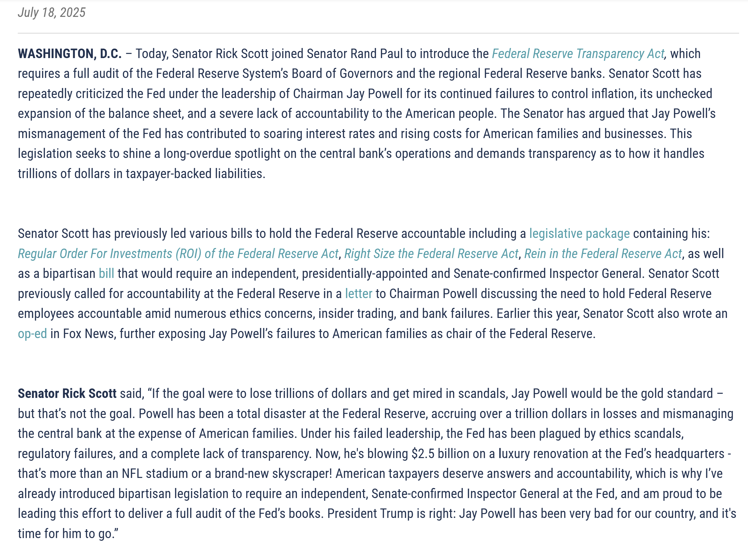 【美国之声--审计美联储】2025年7月18日，参议员斯科特（Rick Scott）保罗（Rand Paul）共同提出了《美联储透明法案》（Federal Reserve Transparency A...
