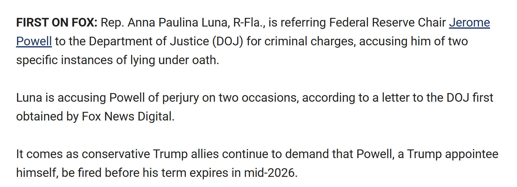 【美国之声--众议员卢娜正式要求司法部对美联储主席鲍威尔进行刑事调查】2025年7月21日来自佛州的联邦众议员卢娜（Anna Paulina Luna）正式要求司法部对美联储主席鲍威尔进行刑事调查，因...