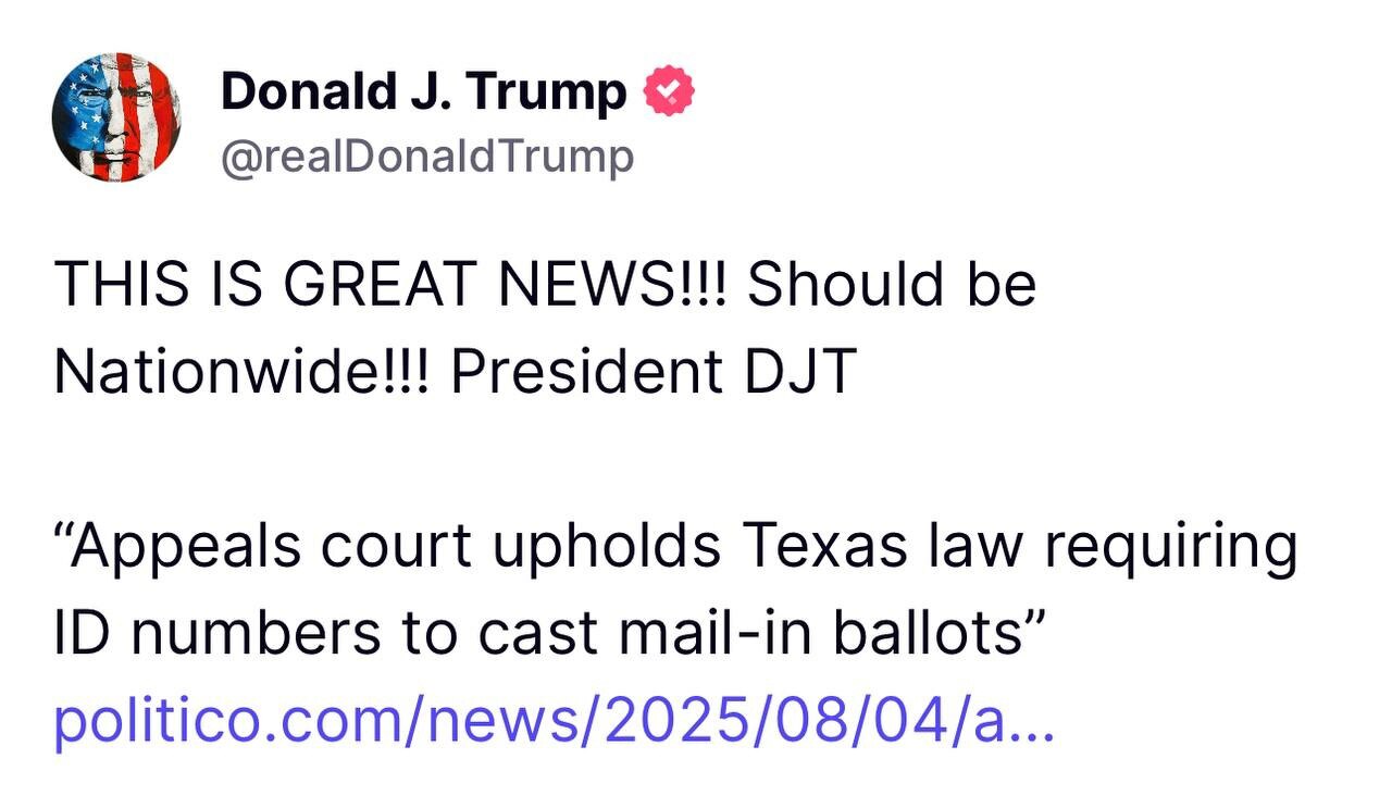 #Trump

THIS IS GREAT NEWS!!! Should be Nationwide!!! President DJT

“Appeals court upholds Texas la...
