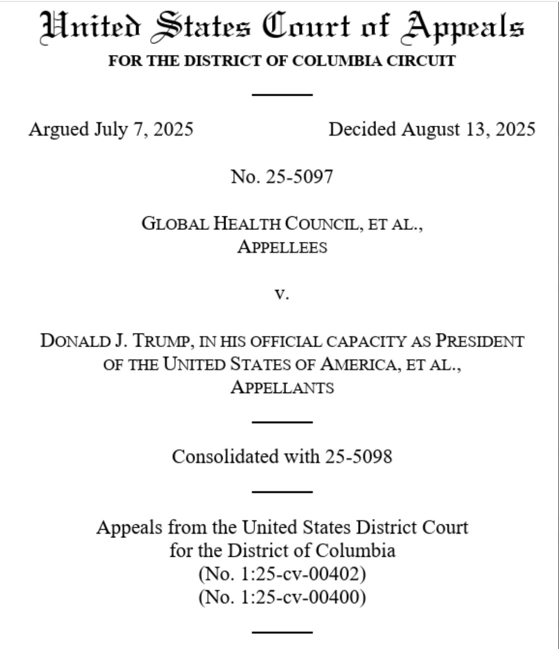 哥伦比亚特区联邦上诉法院裁定：只有立法部门才能就总统更改国会批准的预算提起诉讼。该裁决赋予了川普政府拒绝支出预算资金的权力，尽管国会掌握着财政拨款权。 现在川普政府能终止对外援助拨款了。 

按美国宪...