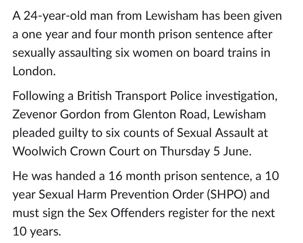 Toby15 on GETTR : Just Saying!🤔😎Man who sexually assaulted six women on London trains gets a shorter prison sentence than Lucy Connolly who assaulted nob...