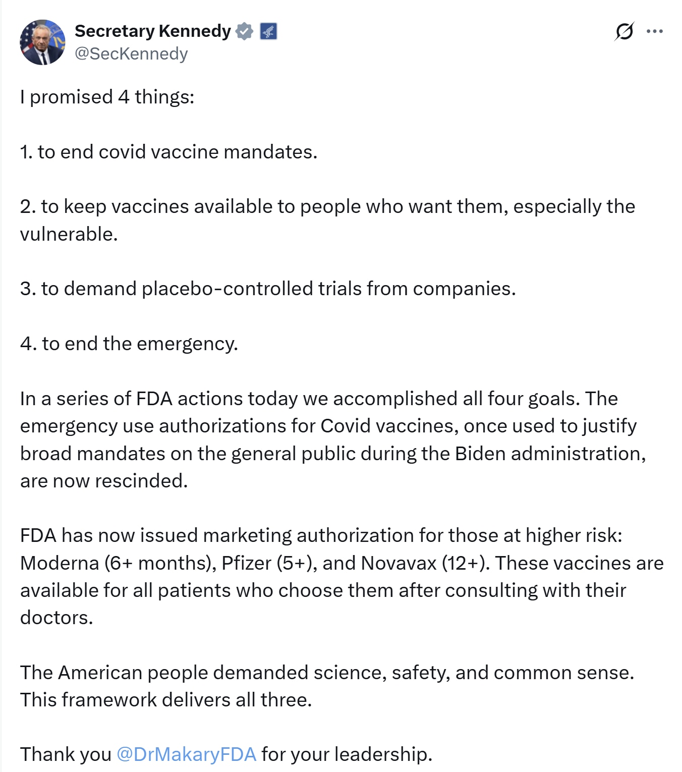 【美国之声--撤销新冠疫苗紧急使用授权】2025年8月27日卫生与公众服务部部长小肯尼迪（RFK Jr.）：

拜登政府期间用来强制公众接种新冠疫苗的疫苗紧急使用授权（EUA），现已被撤销。

我承诺...