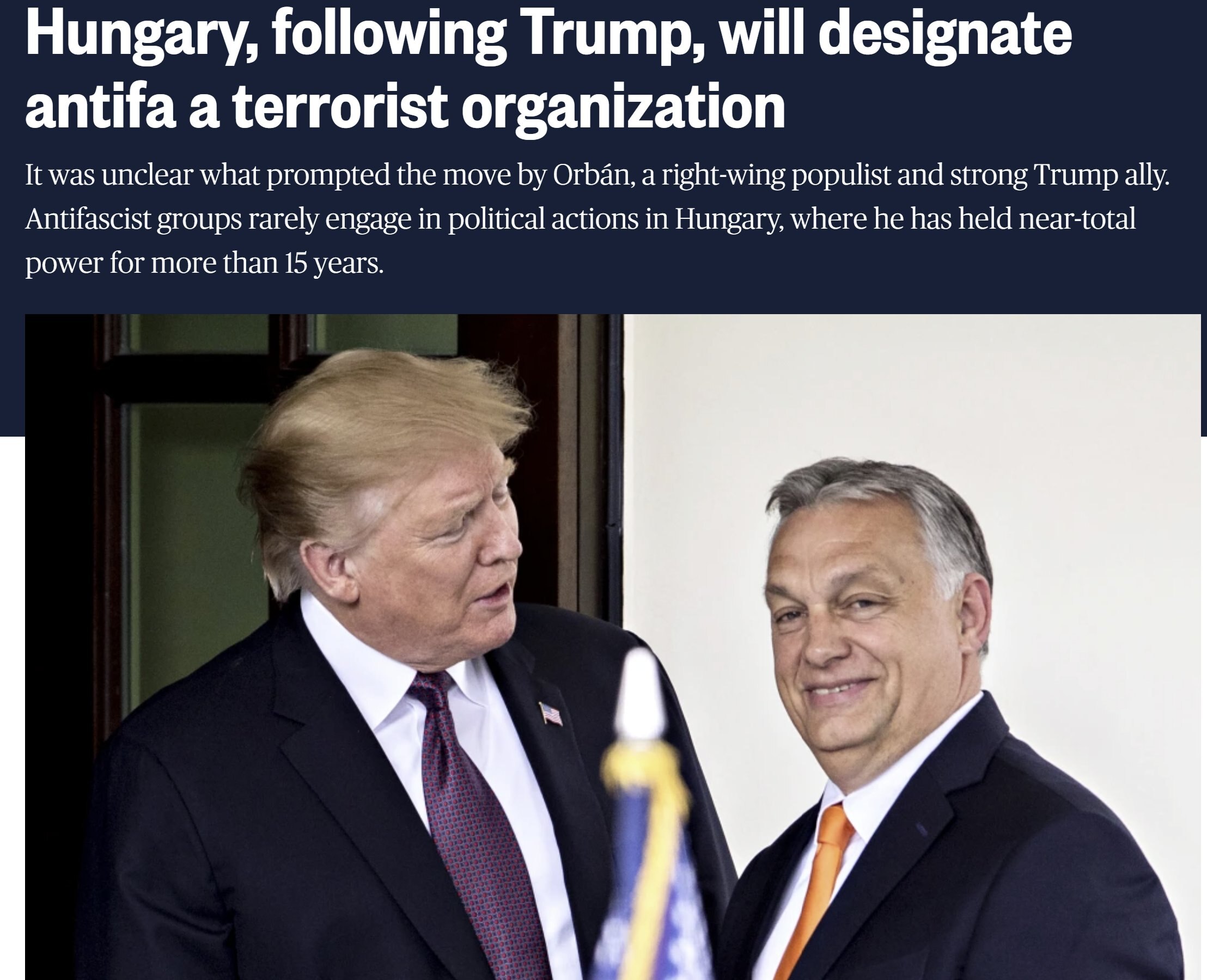 【美国之声--将Antifa定为恐怖组织】2025年9月19日匈牙利总理欧尔班（Viktor Orbán）：匈牙利将效仿美国总统川普，将“反法西斯行动”（Antifa）定性为恐怖组织。

9月18日荷...