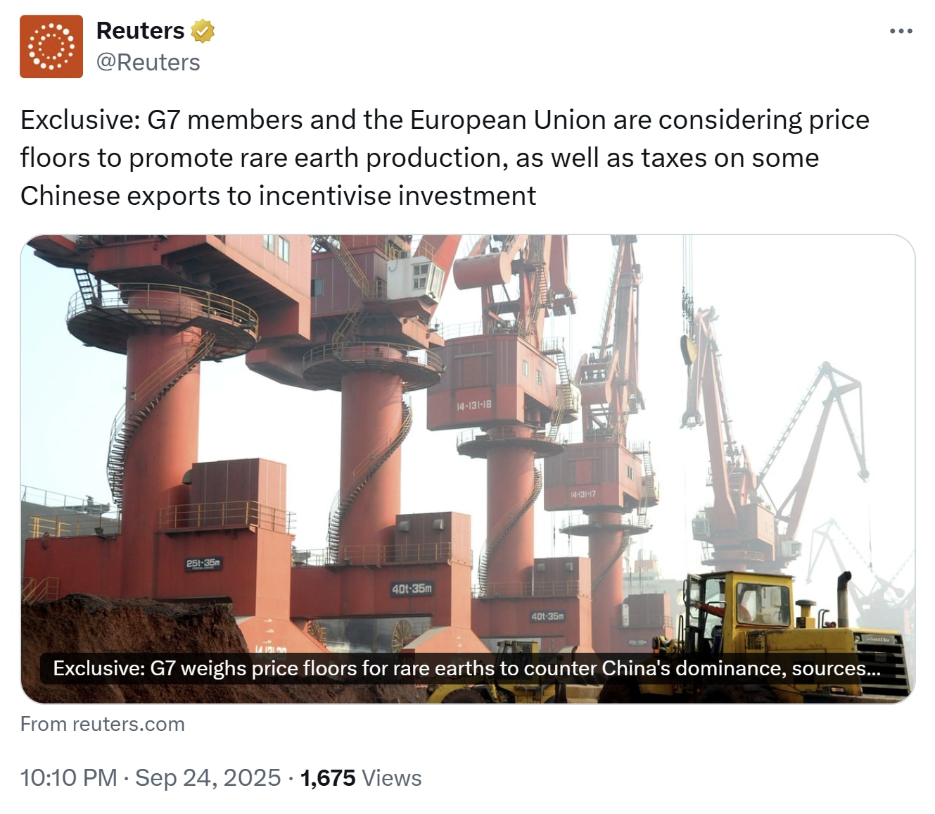 【美国之声--G7及欧盟要自己生产稀土】2025年9月24日路透：

七国集团（G7）成员国及欧盟正考虑设定价格底线以促进稀土生产，并对部分中共国出口产品征税，以激励本地投资。

#G7及欧盟要自己生...