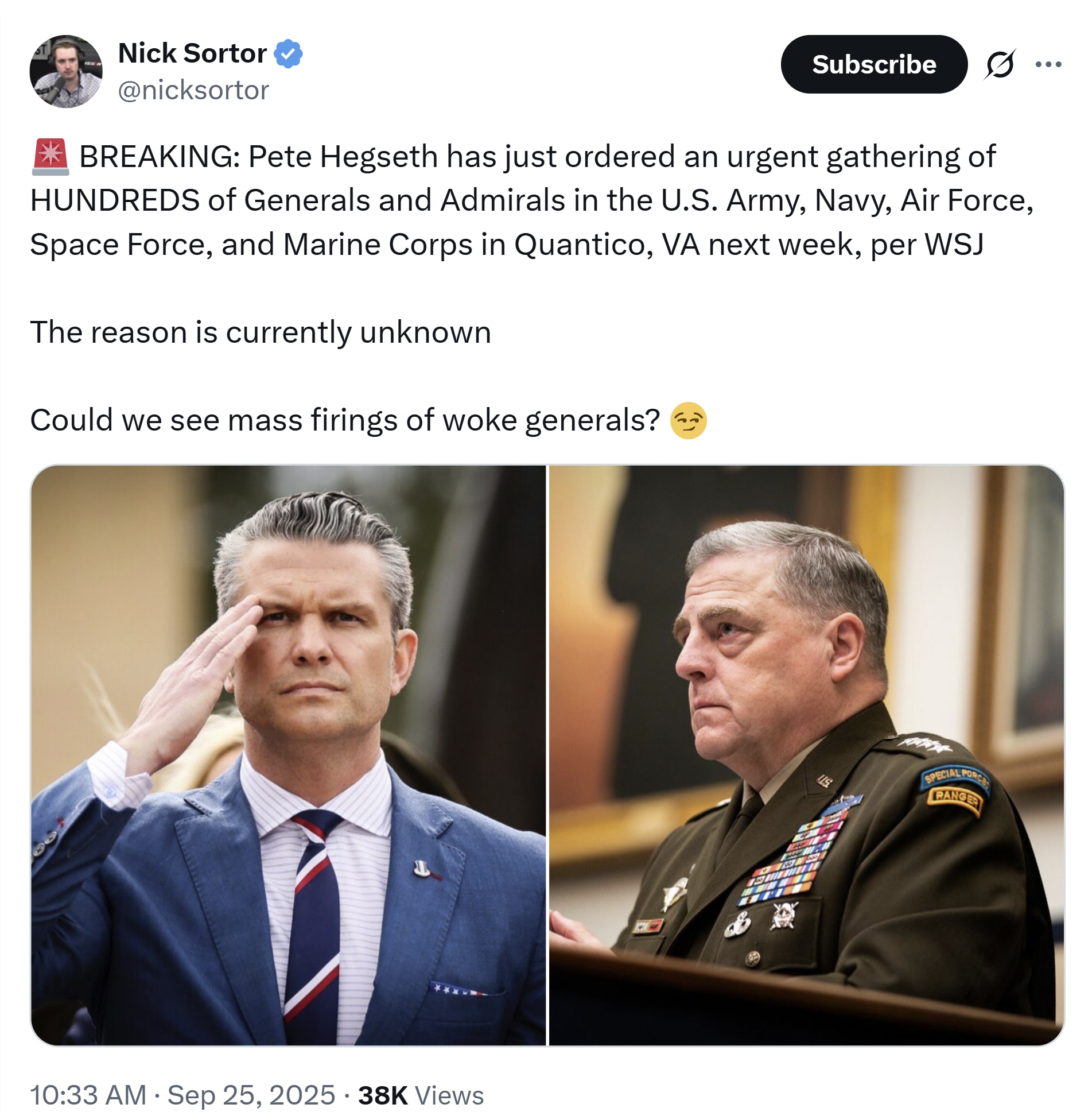 【美国之声--突发&罕见：战争部长召集数百名将军与上将开会】2025年9月25日据保守派评论人士Nick Sortor ：

战争部长赫格塞斯（Pete Hegseth）已召集数百名来自美国陆军、海军...