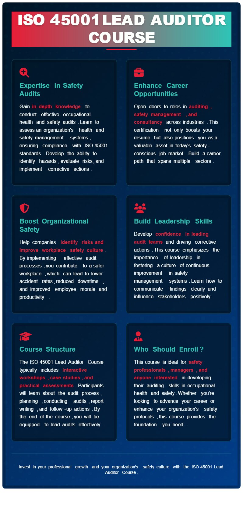 ISO 45001 Lead Auditor course is to boost up the auditing knowledge and skills of delegates to plan,...