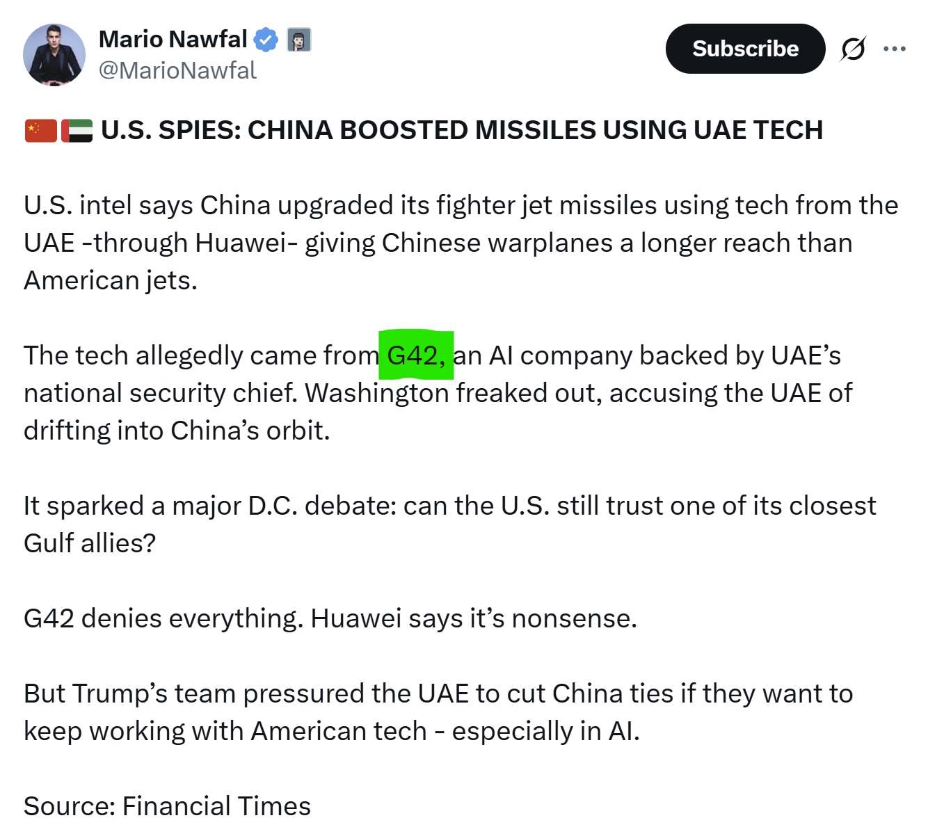【美国之声--直指G42】2025年10月25日推特博主Mario Nawfal转述《金融时报》消息：

美情报部门称，中共国通过华为从阿联酋G42获得技术，升级了战斗机导弹，使中方战机的射程超过了美...