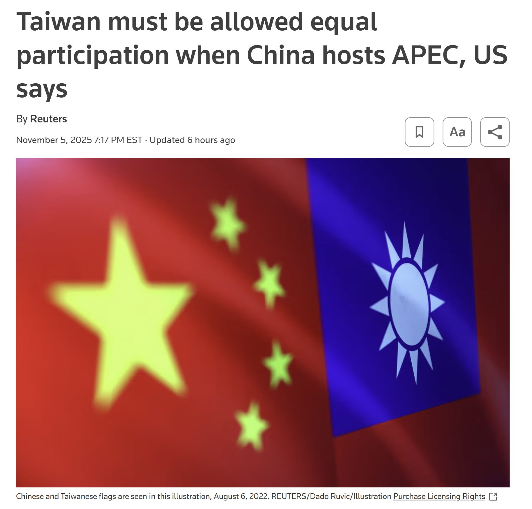 【美国之声--台湾就是台湾】2025年11月6日路透：  美国国务院周三表示，台湾在明年11月中共国主办的亚太经合组织（APEC）会议中必须被允许充分平等参与。APEC是少数几个台湾仍能以成员身份参与...