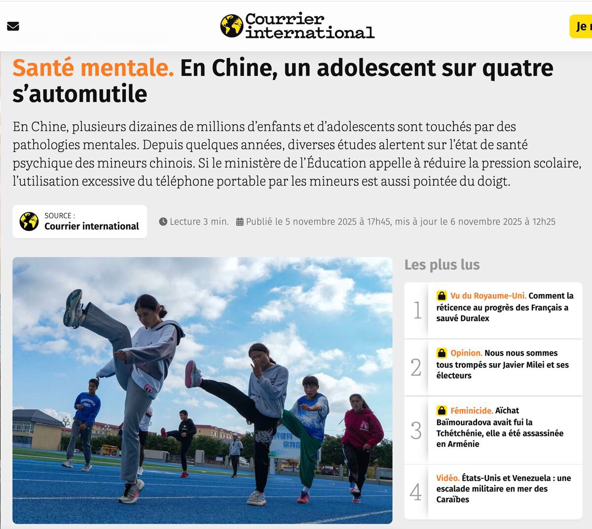 在中国，四分之一的青少年曾出现自残行为
2025年11月5日，据《国际邮报》报道，中国青少年的心理健康问题正急剧恶化。多项研究显示，全国已有数千万名儿童与青少年受到心理疾病困扰，每四名青少年中就有一人...