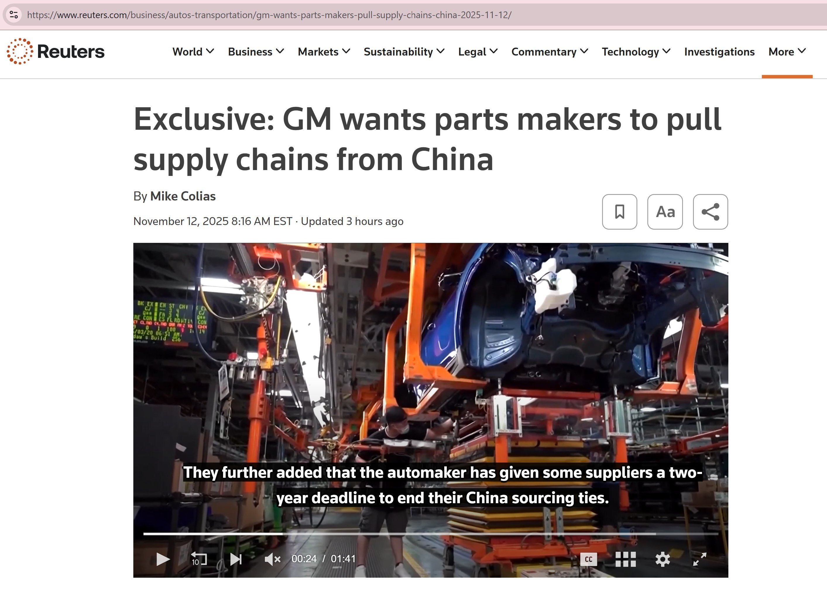 【美国之声--最后期限：2027】2025年11月12日《路透》：

通用汽车已指示其数千家供应商从供应链中彻底清除中共国零部件，并为部分供应商设定🌶️2027年最后期限，目标是最终将整个供应链完全...