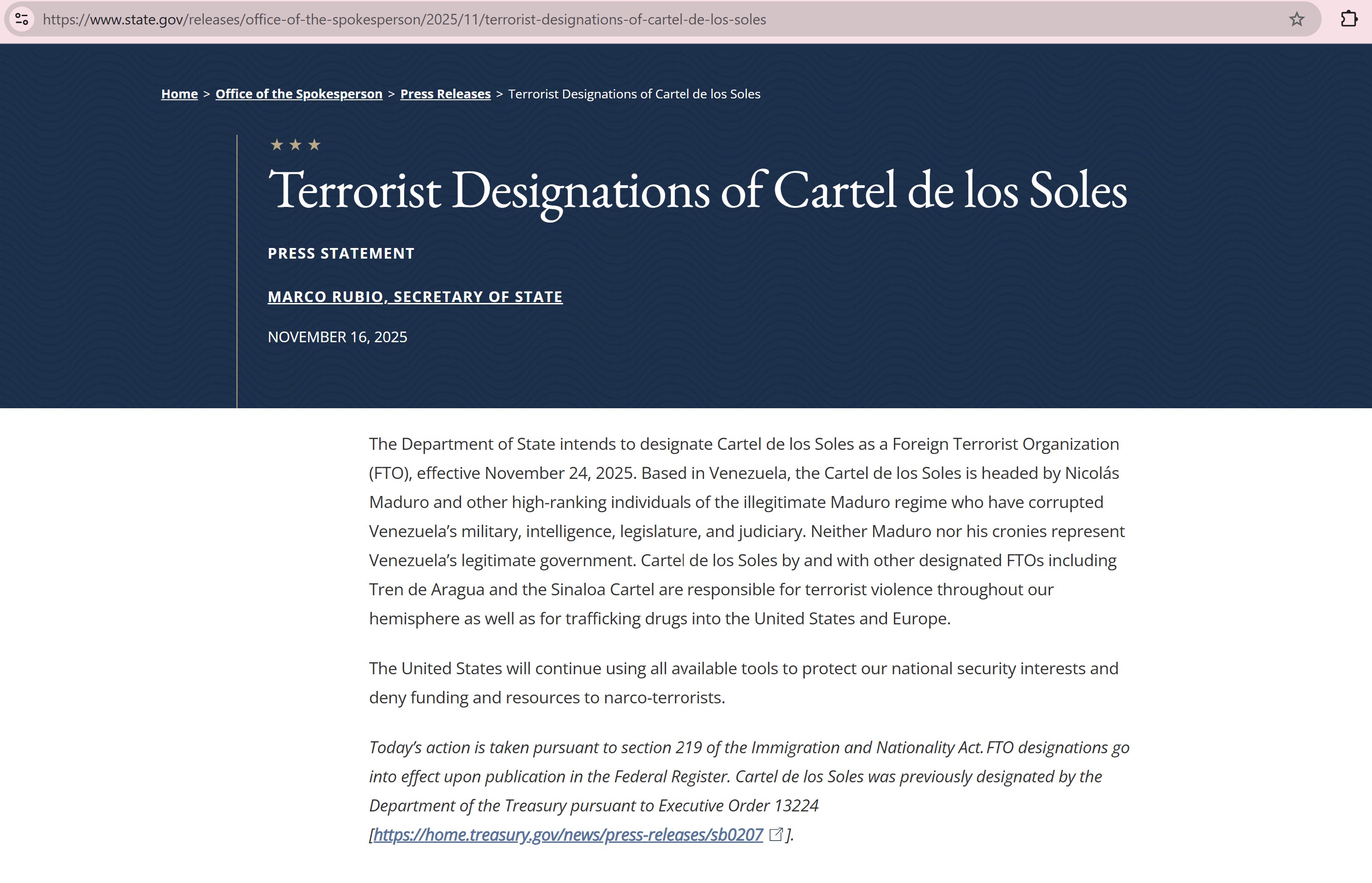 【美国之声】2025年11月16日美国国务院：

指定马杜罗领导的“太阳卡特尔”（Cartel de los Soles）为外国恐怖组织（FTO），自2025年11月24日起生效。 马杜罗及其亲信都不...
