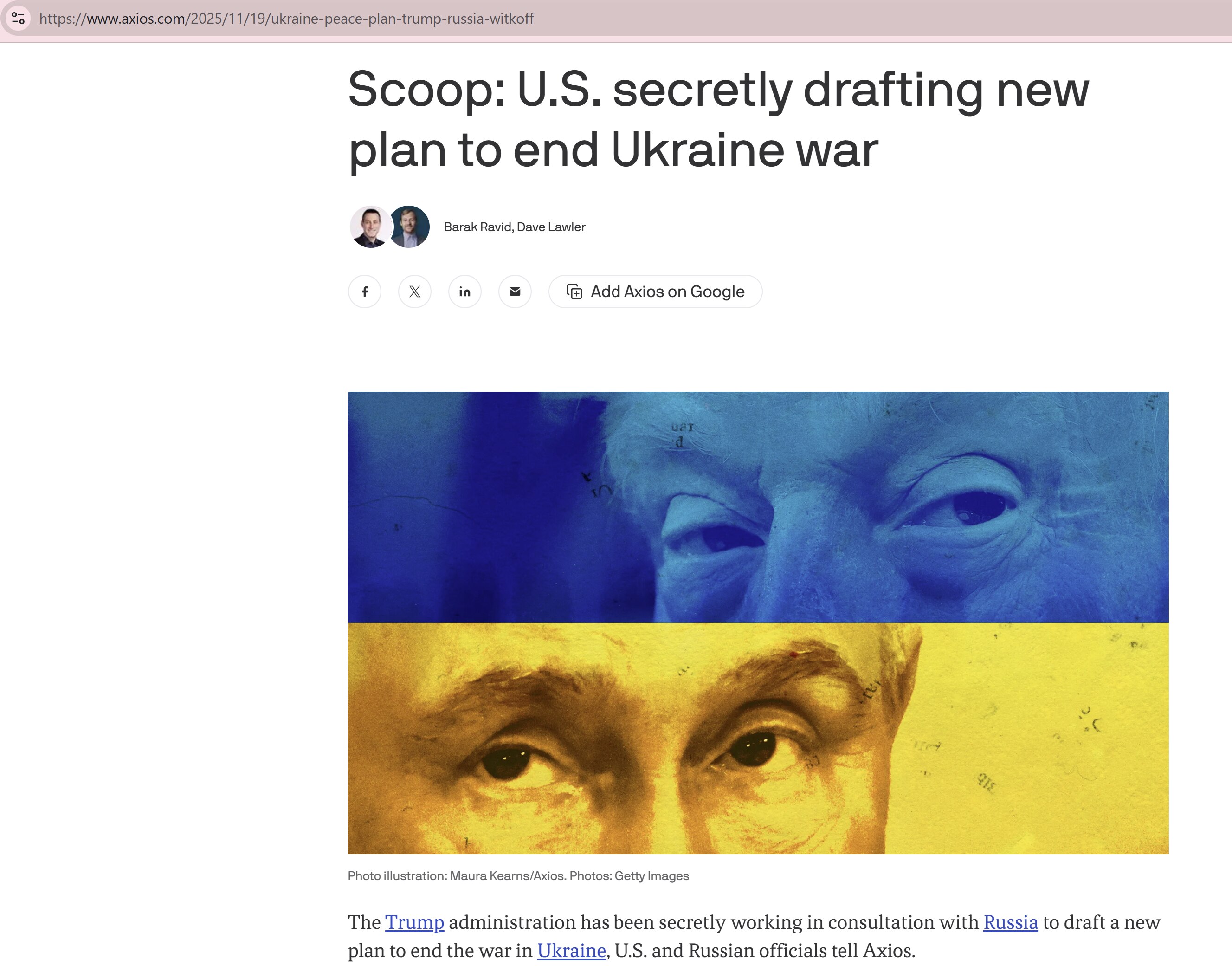 【美国之声--28点计划】2025年11月19日Axios：

川普政府正在与莫斯科合作制定一项新的 28 点计划，以结束乌克兰战争。该计划比照川普加沙谈判模式，涵盖四个方面：

1. 乌克兰的和平条...