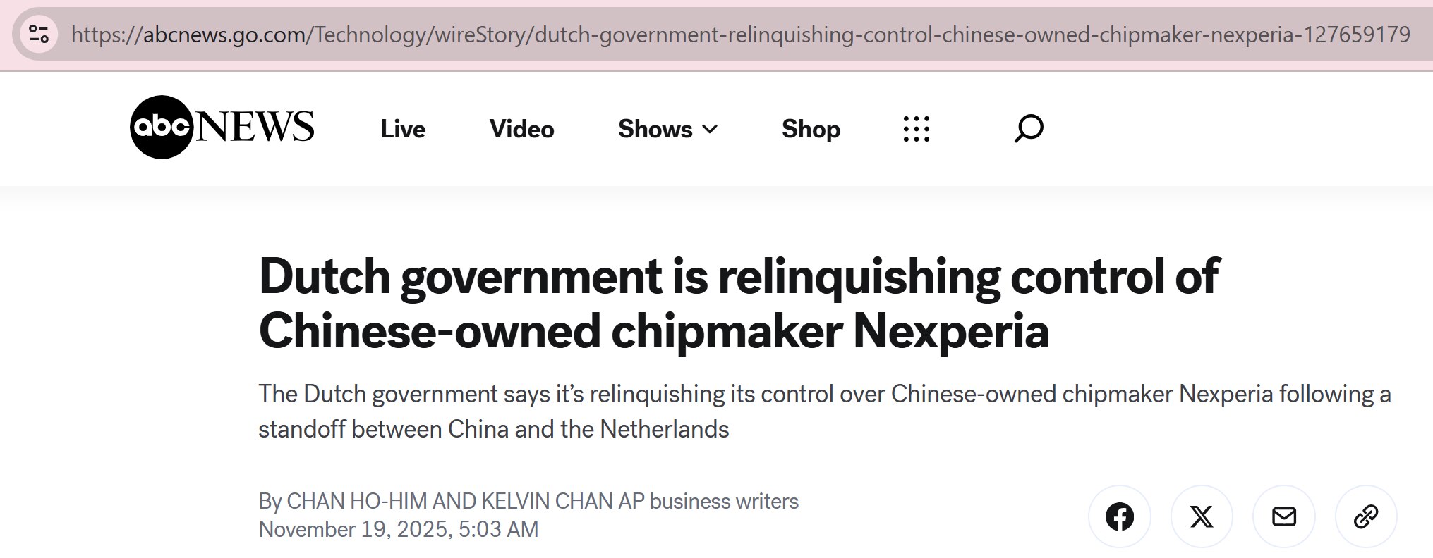 【美国之声--荷兰放弃安世】2025年11月19日ABC：

荷兰政府表示，将放弃对中共国控股的芯片制造商安世（Nexperia）的控制权，以缓解中荷之间的僵局，该僵局曾威胁到全球汽车制造业至关重要的...