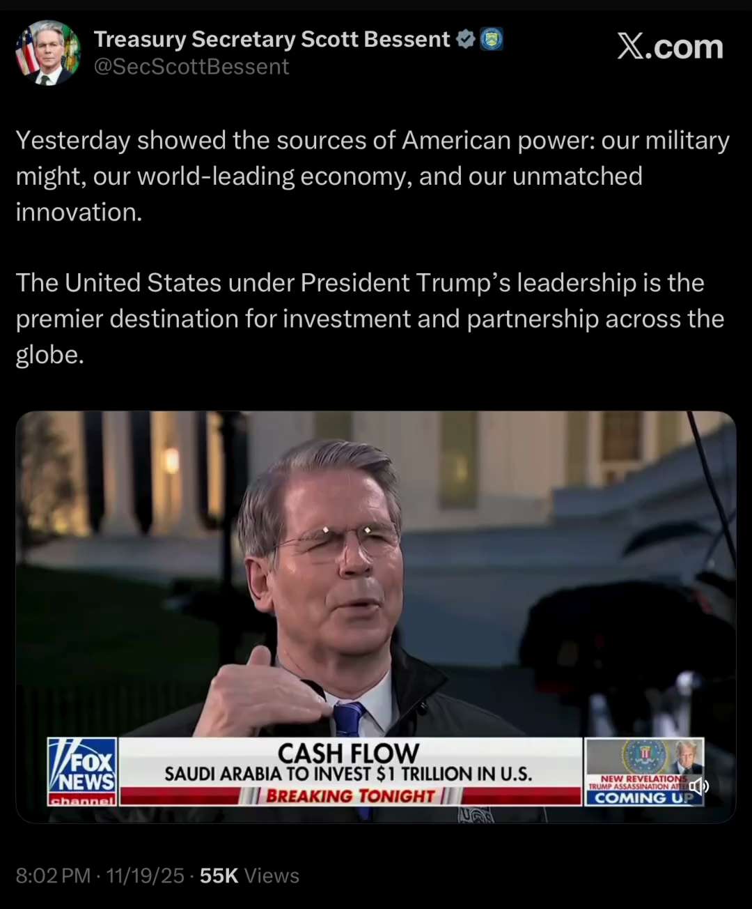 Bessent: Sources of American Power 

https://x.com/secscottbessent/status/1991311027116642505?s=46